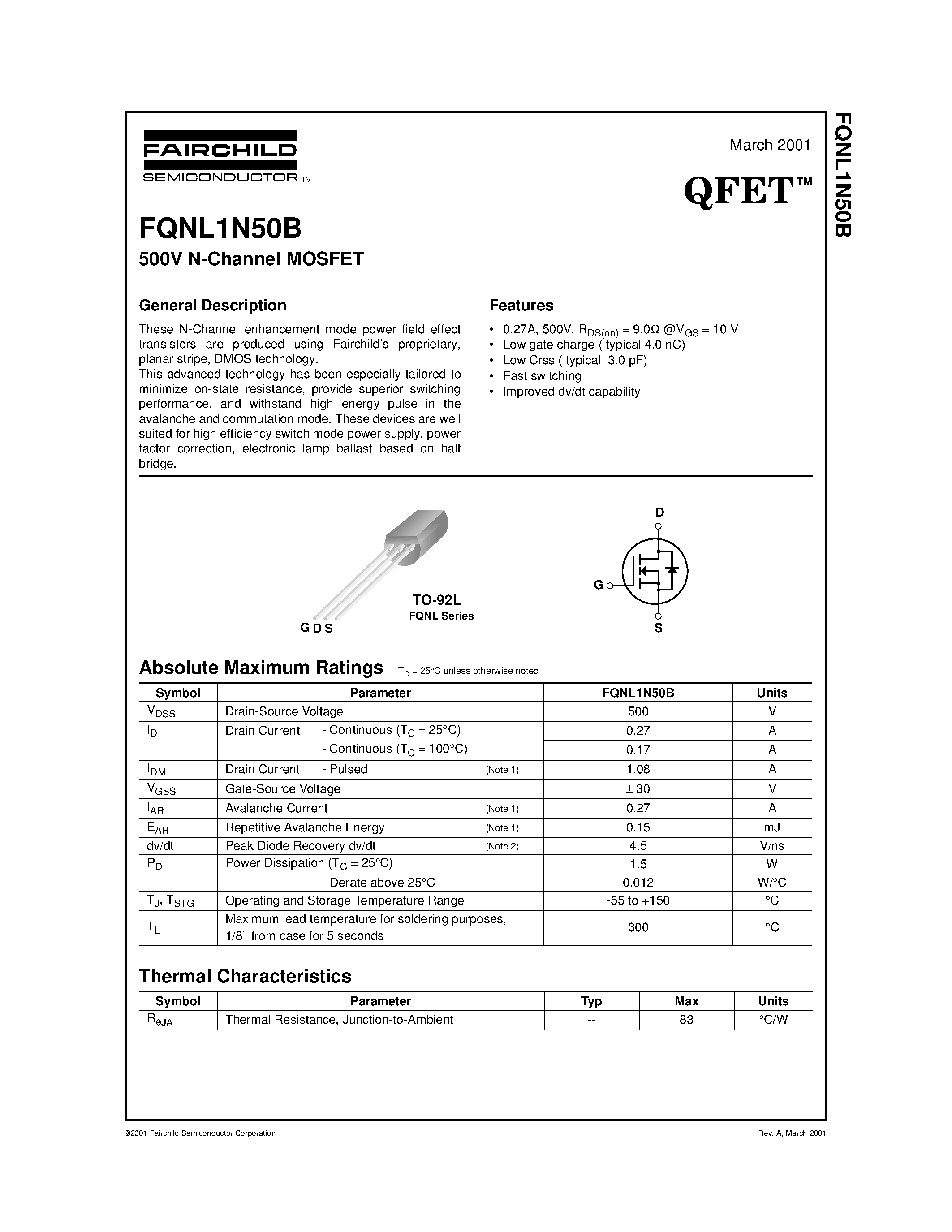 Даташит FQNL1N50B - 500V N-Channel MOSFET страница 1