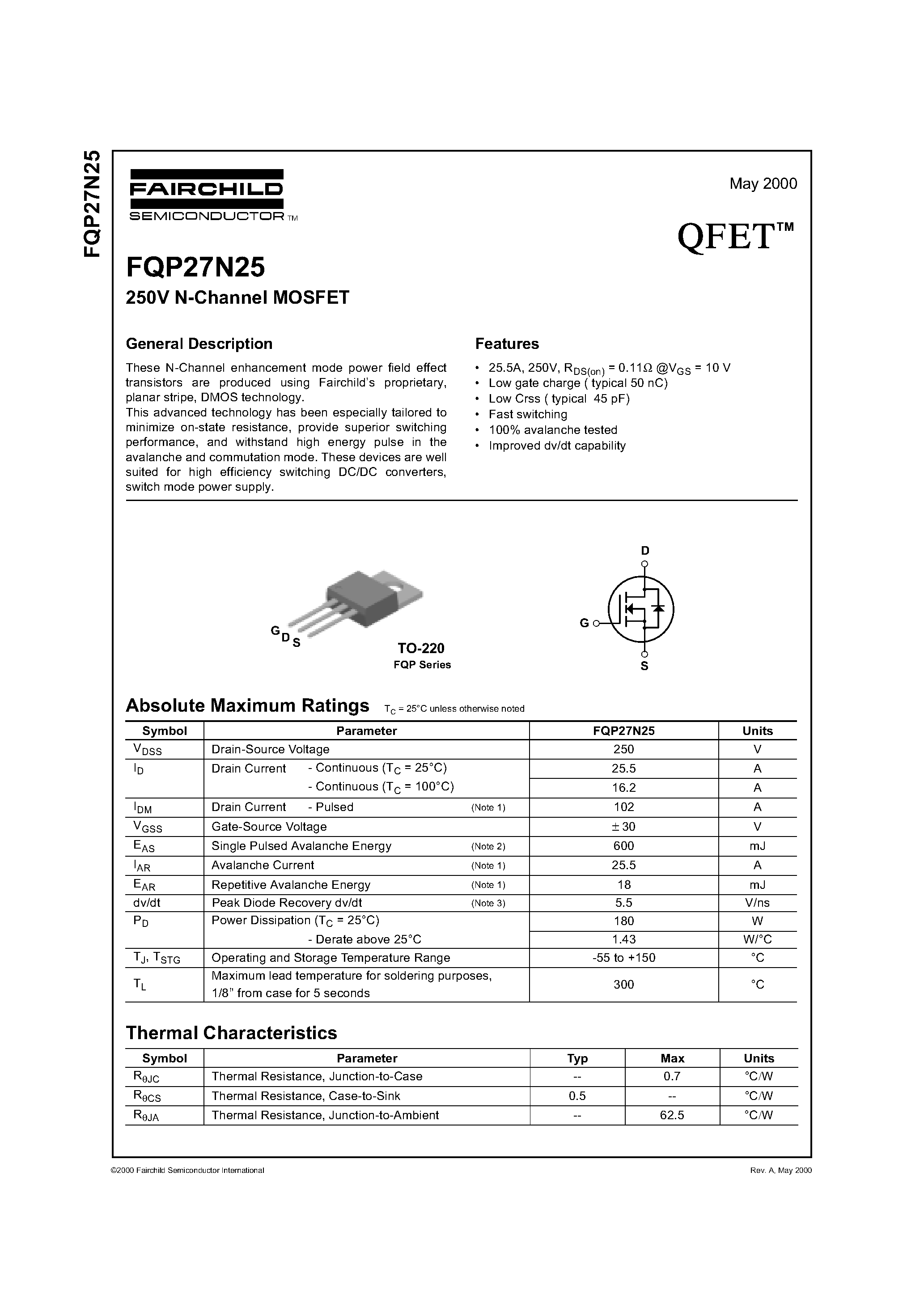 Datasheet FQP27N25 - 250V N-Channel MOSFET page 1