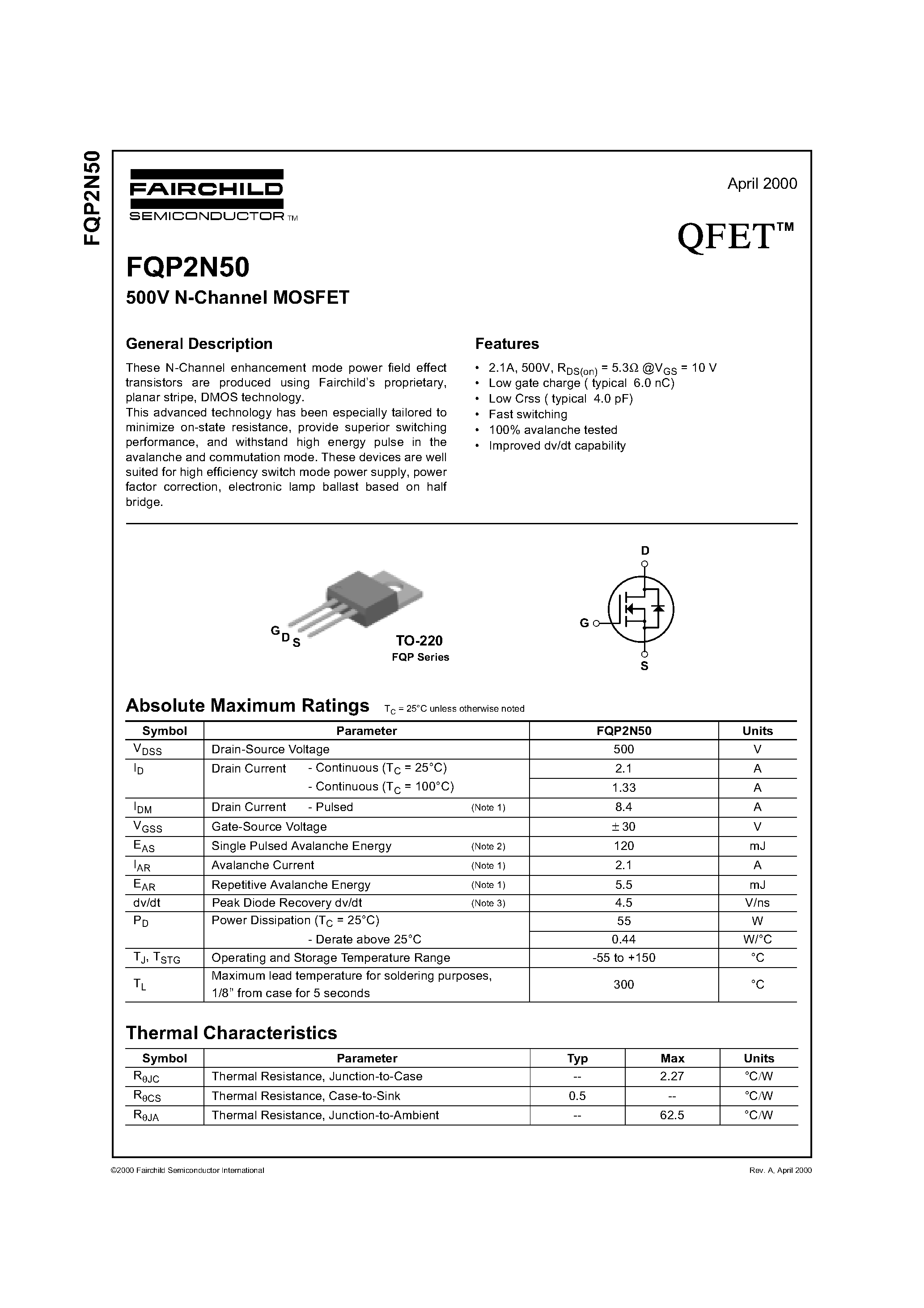 Datasheet FQP2N50 - 500V N-Channel MOSFET page 1