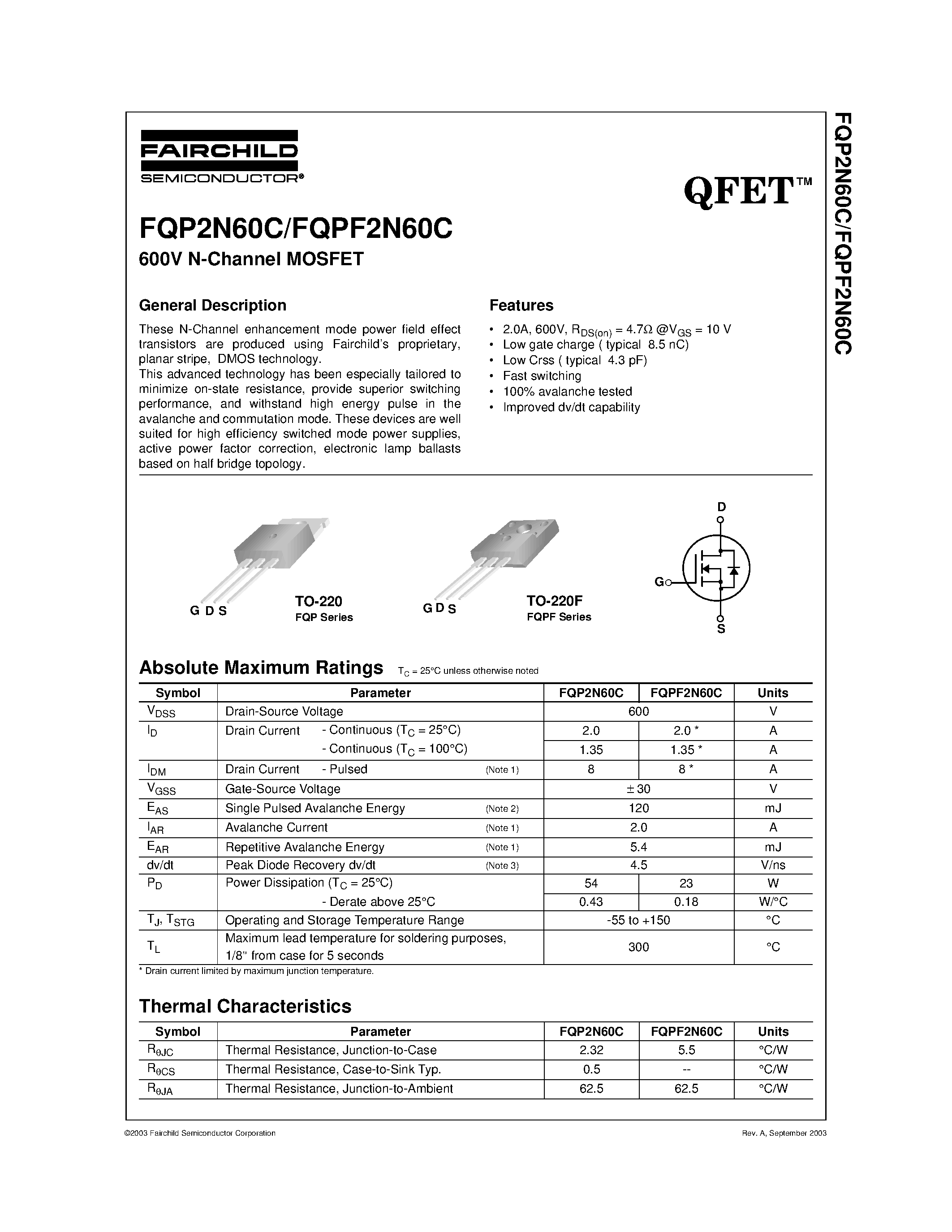 Datasheet FQP2N60C - 600V N-Channel MOSFET page 1