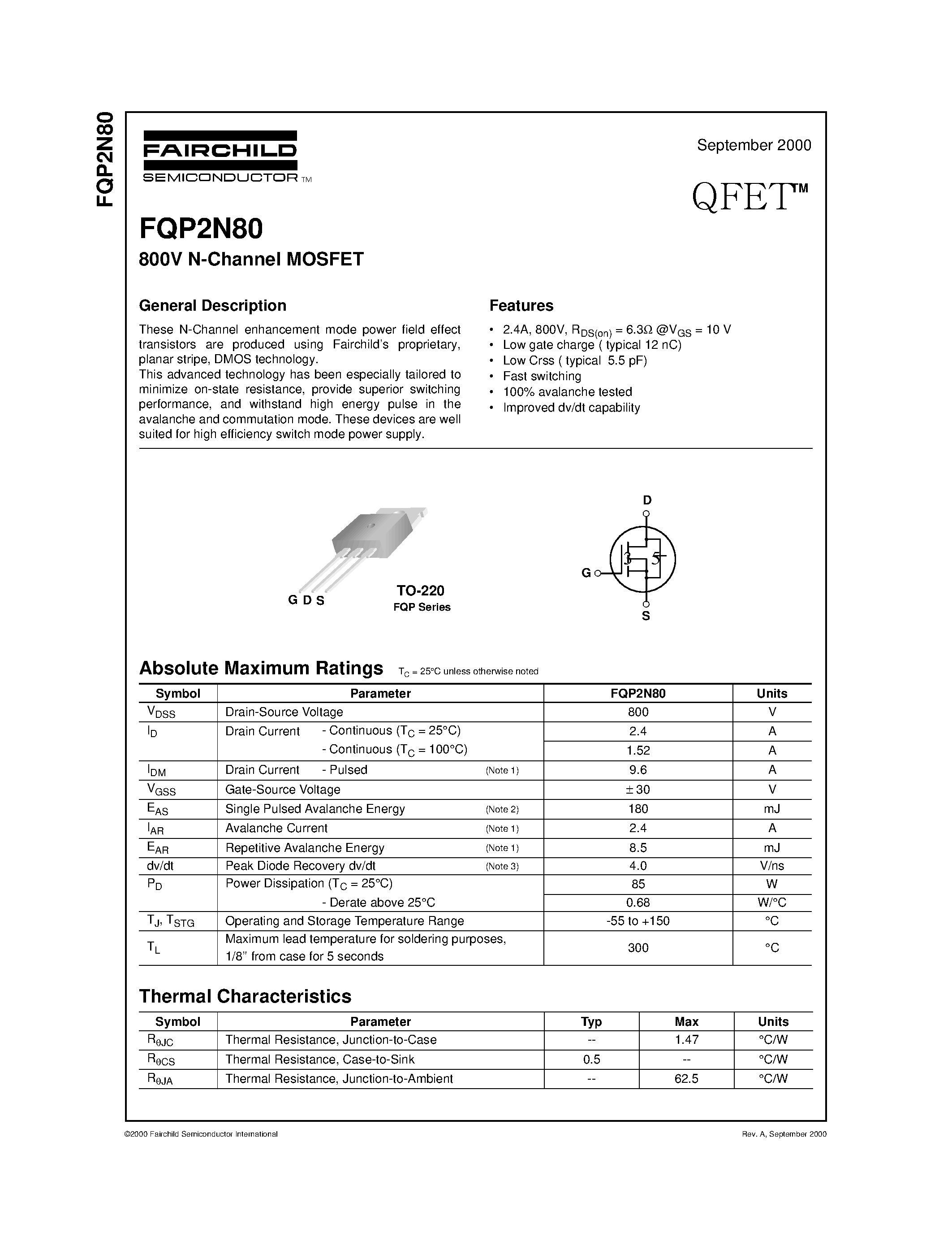 Datasheet FQP2N80 - 800V N-Channel MOSFET page 1