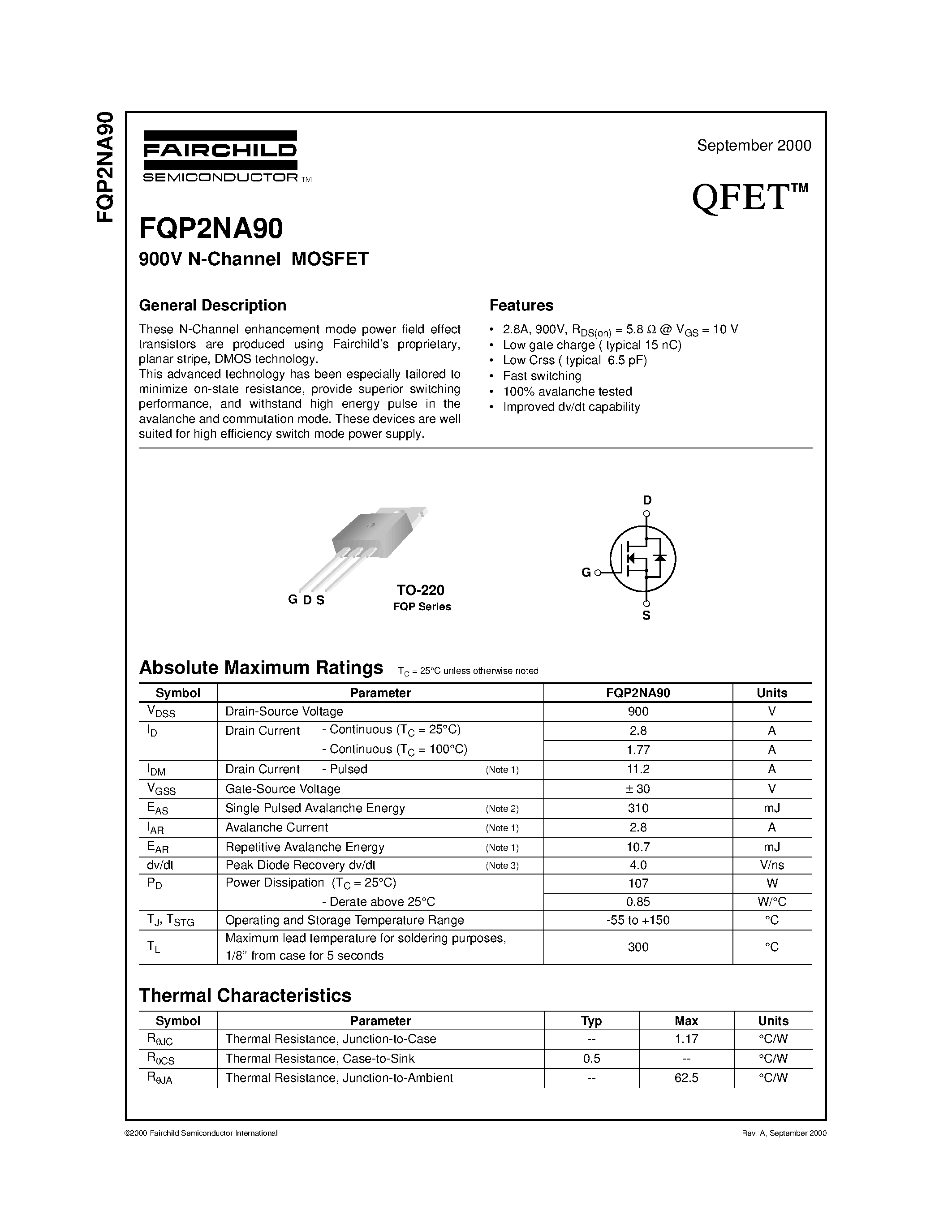 Datasheet FQP2NA90 - 900V N-Channel MOSFET page 1