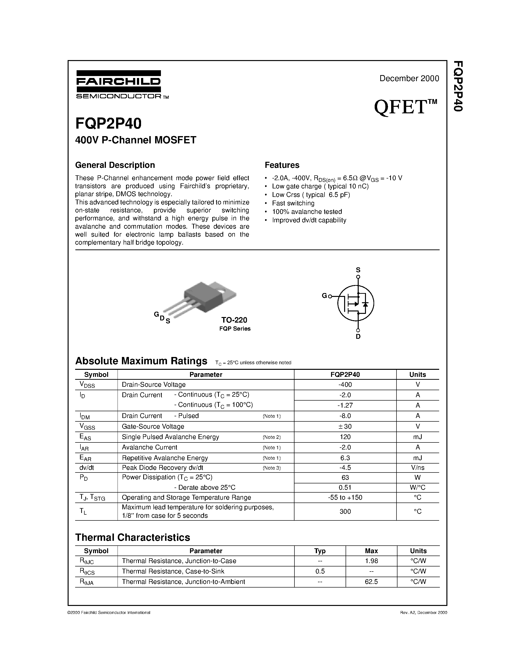 Datasheet FQP2P40 - 400V P-Channel MOSFET page 1