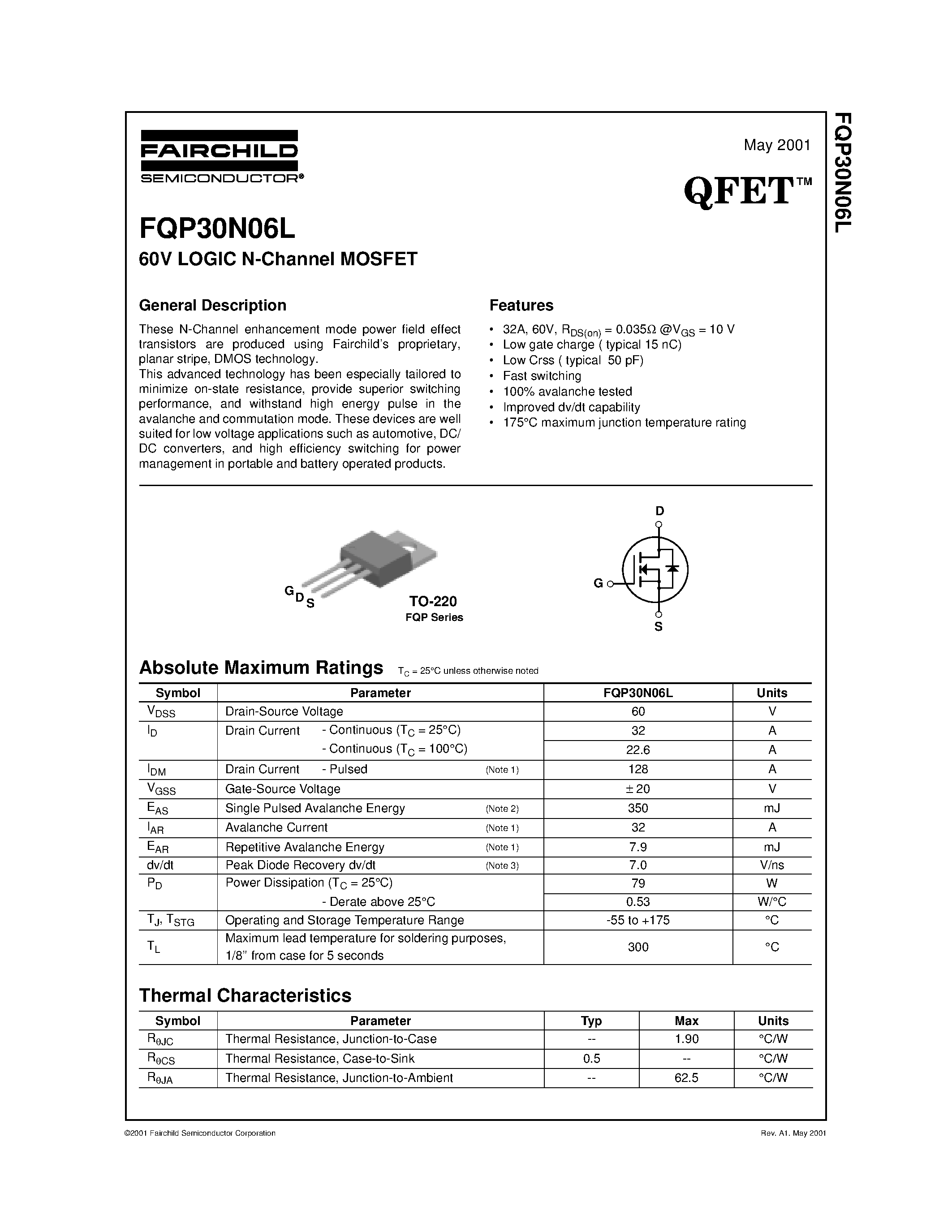 Datasheet FQP30N06L - 60V LOGIC N-Channel MOSFET page 1