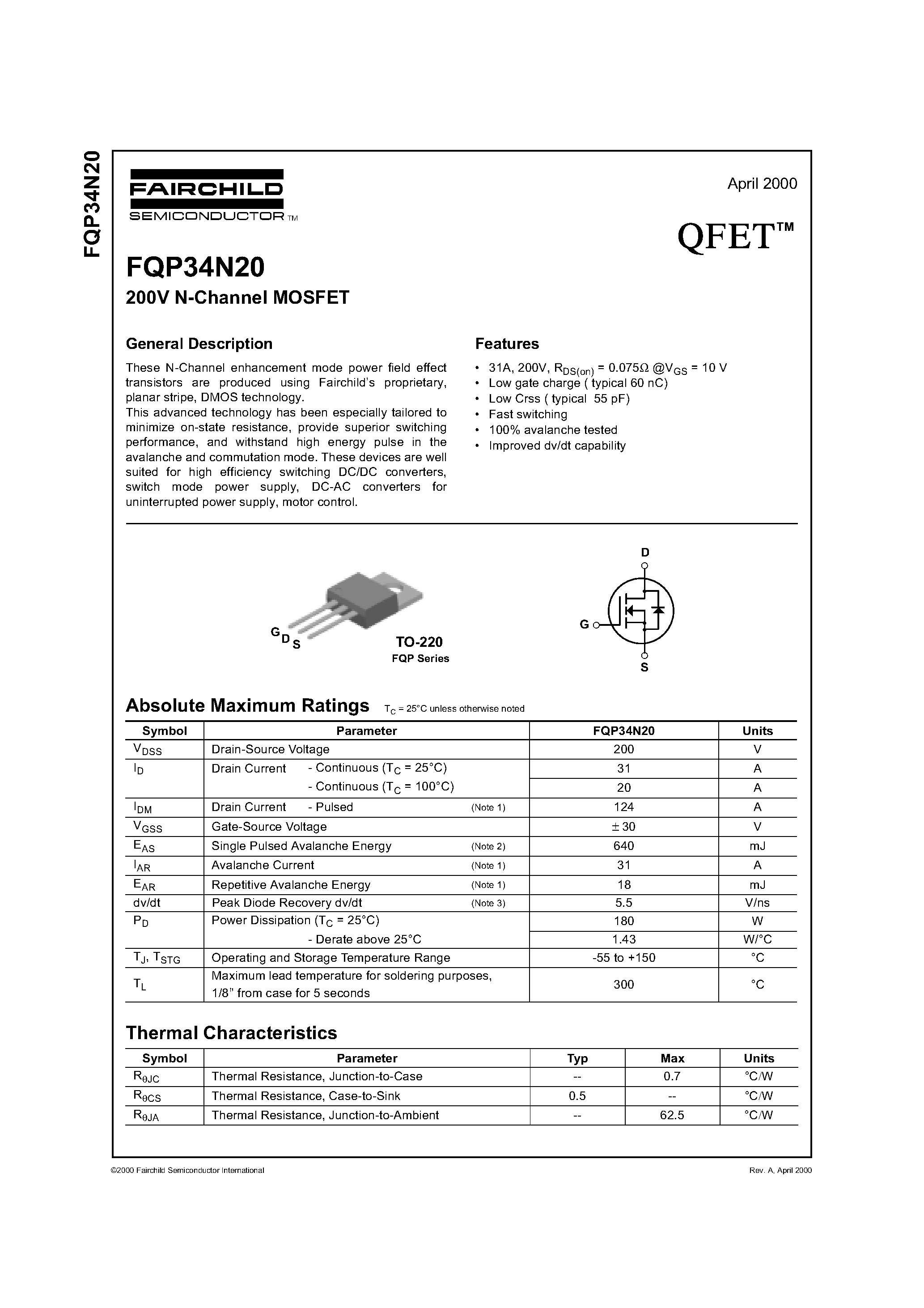 Datasheet FQP34N20 - 200V N-Channel MOSFET page 1