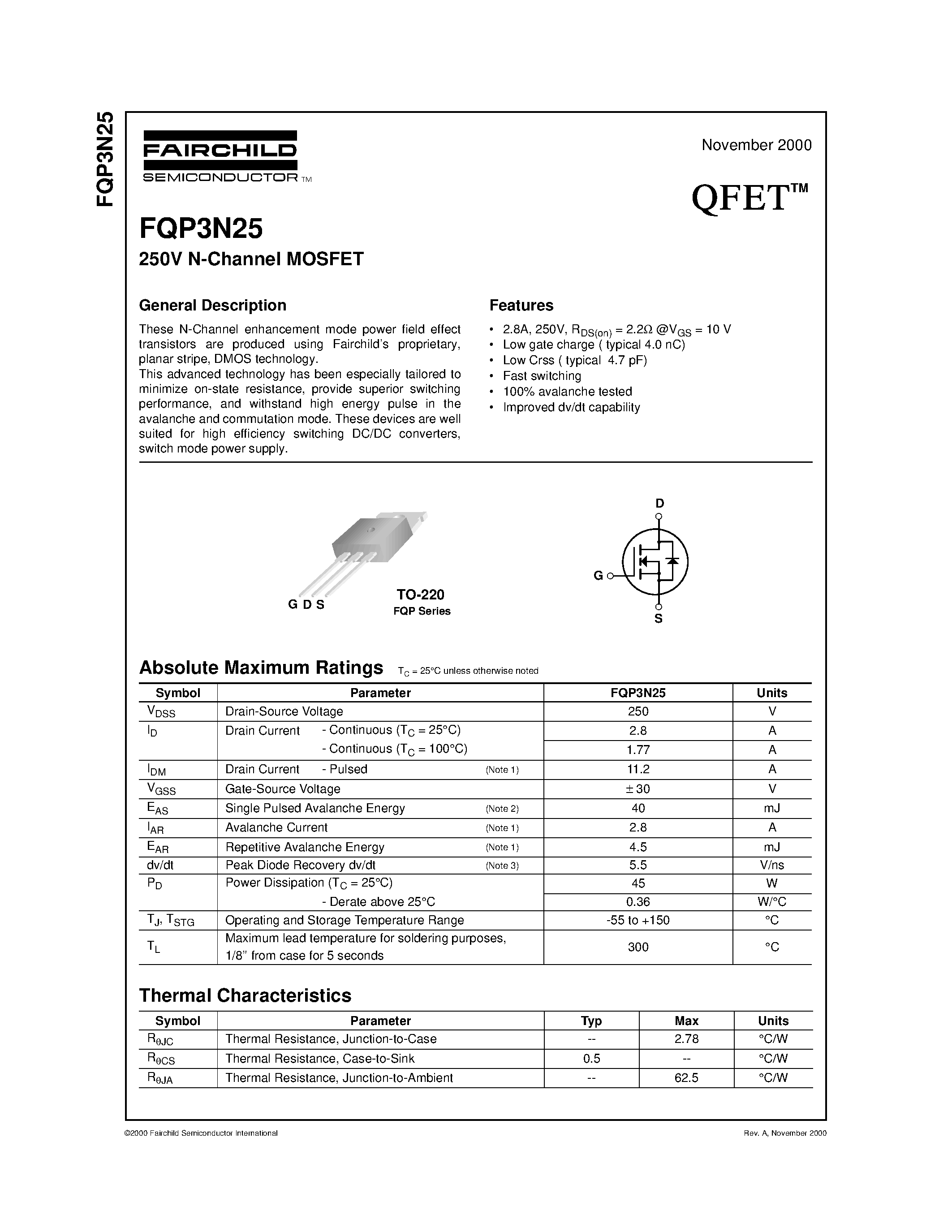 Datasheet FQP3N25 - 250V N-Channel MOSFET page 1