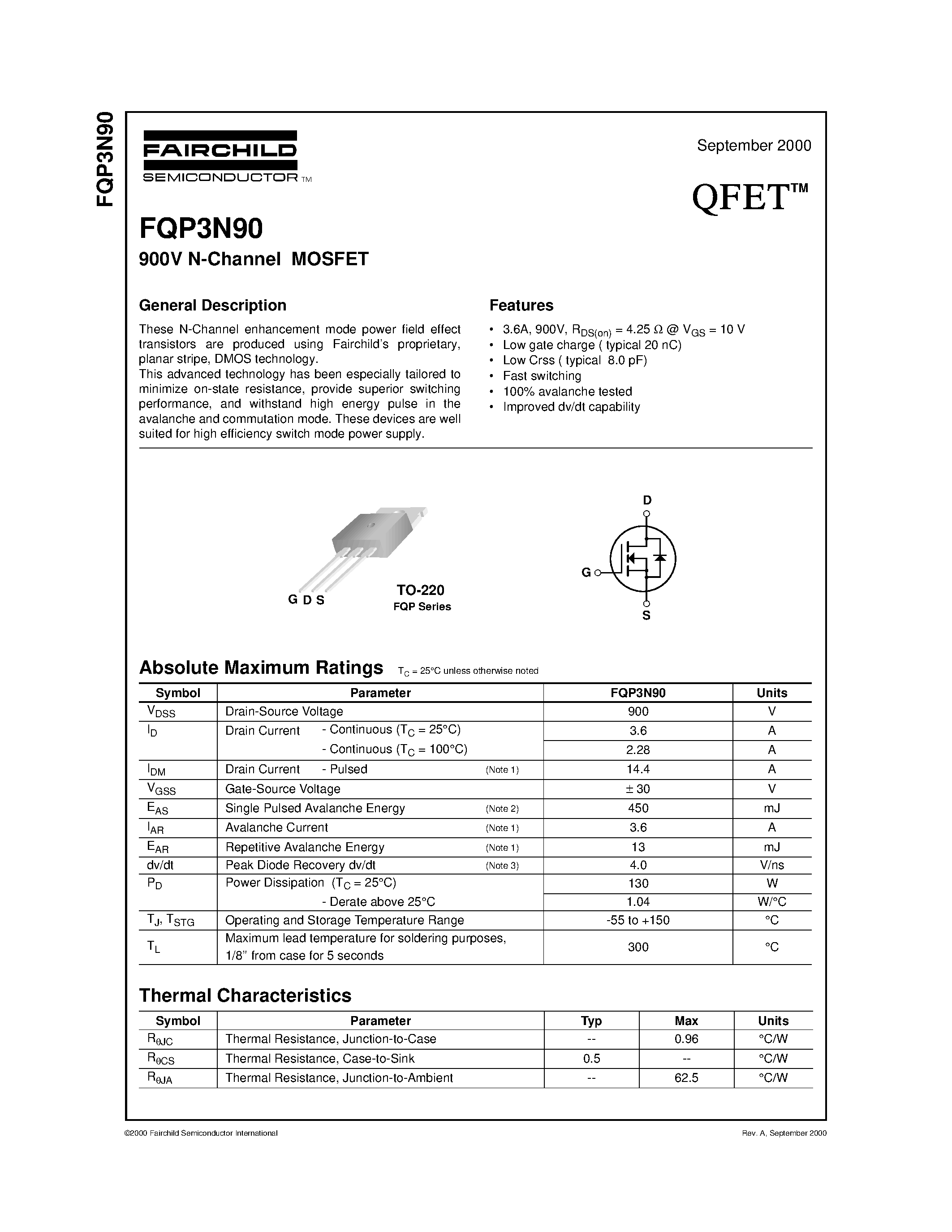 Даташит FQP3N90 - 900V N-Channel MOSFET страница 1