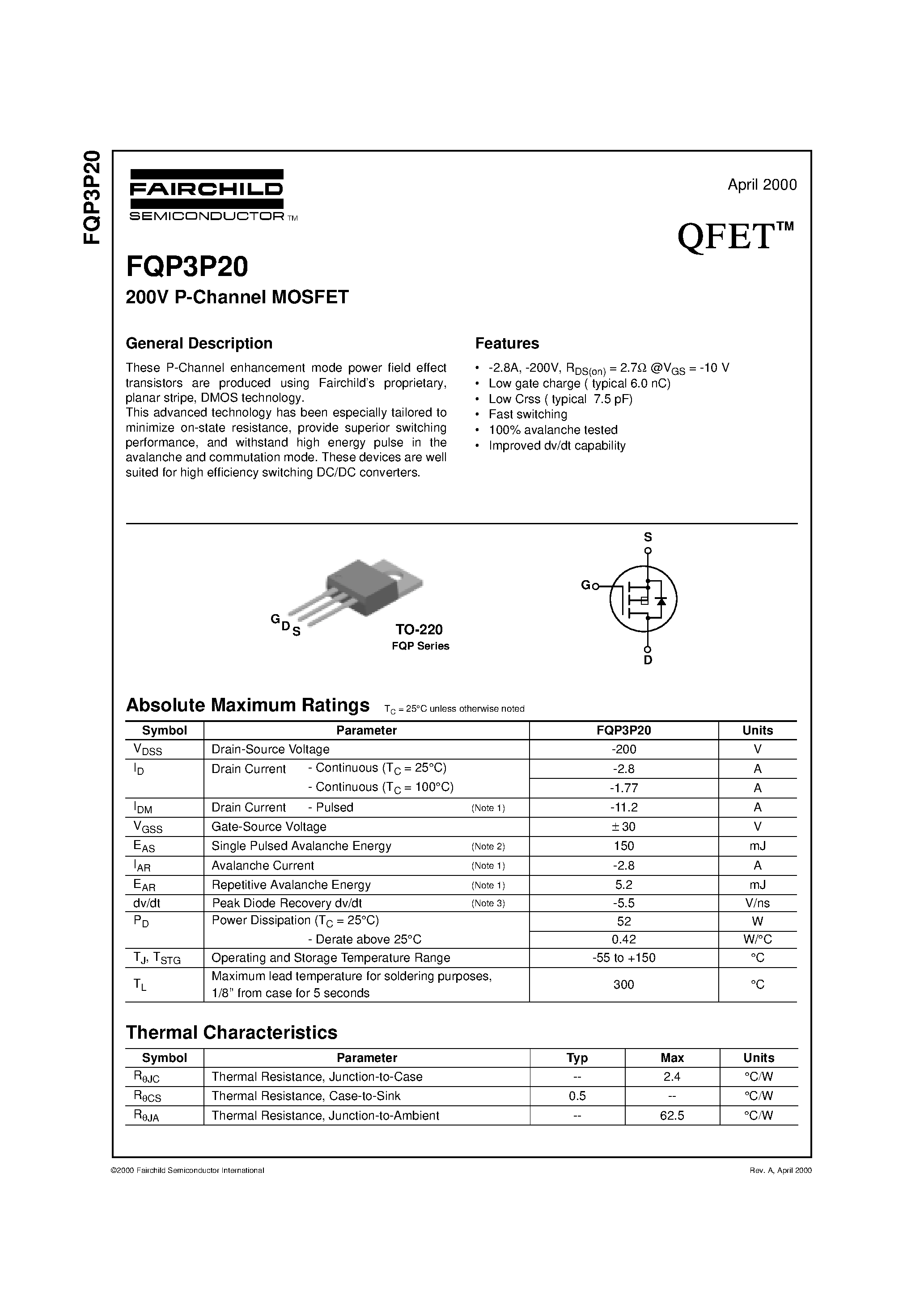 Даташит FQP3P20 - 200V P-Channel MOSFET страница 1