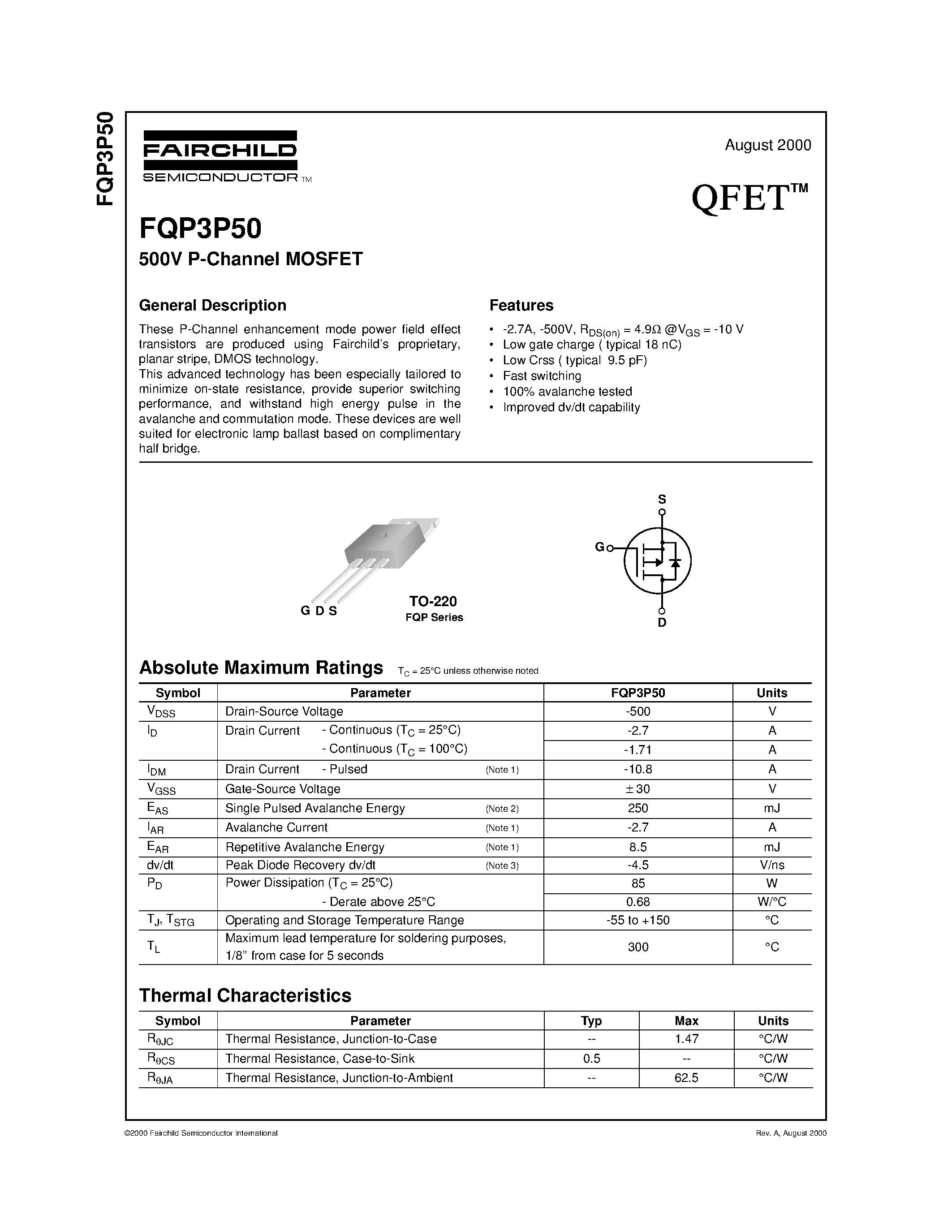 Даташит FQP3P50 - 500V P-Channel MOSFET страница 1