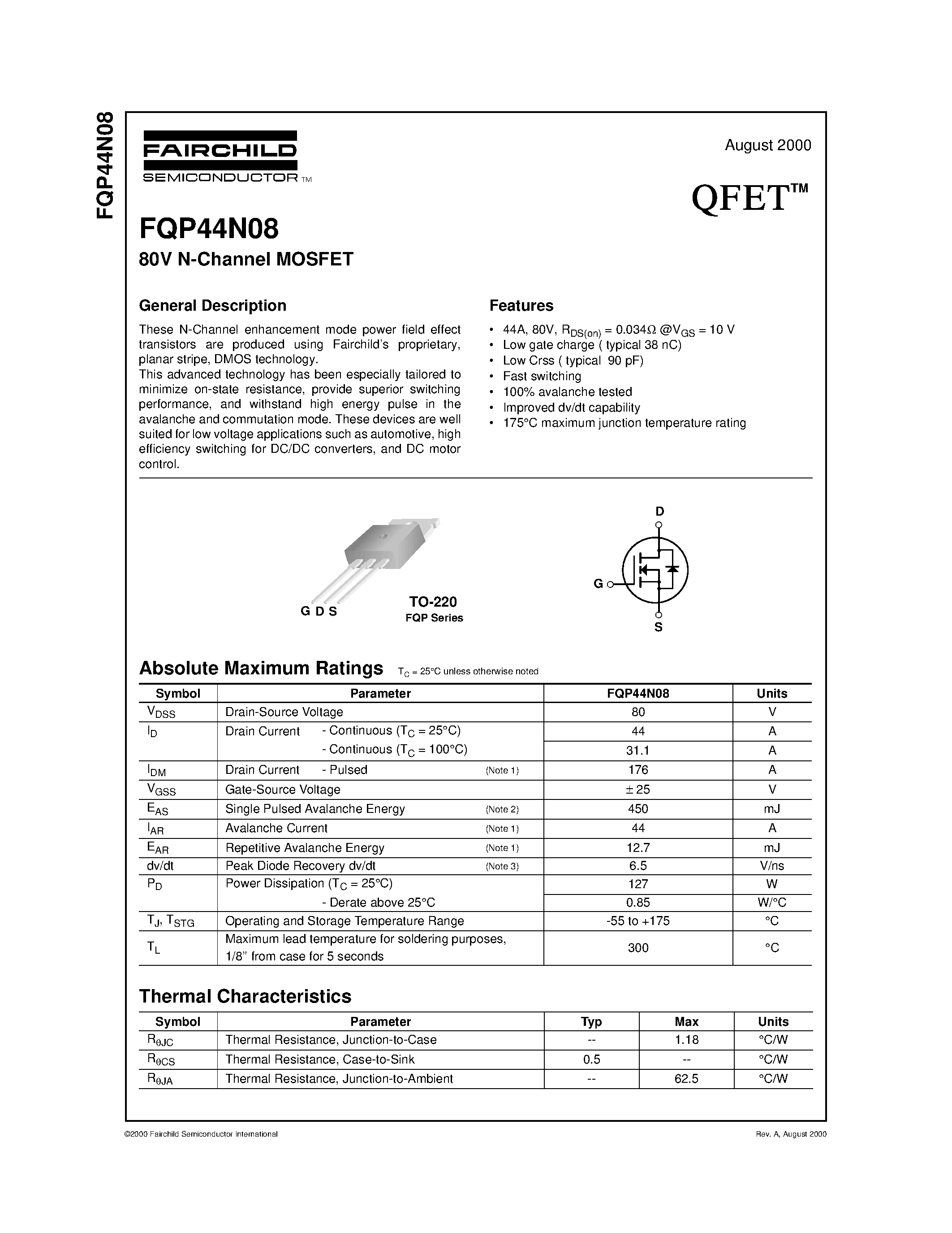 Даташит FQP44N08 - 80V N-Channel MOSFET страница 1