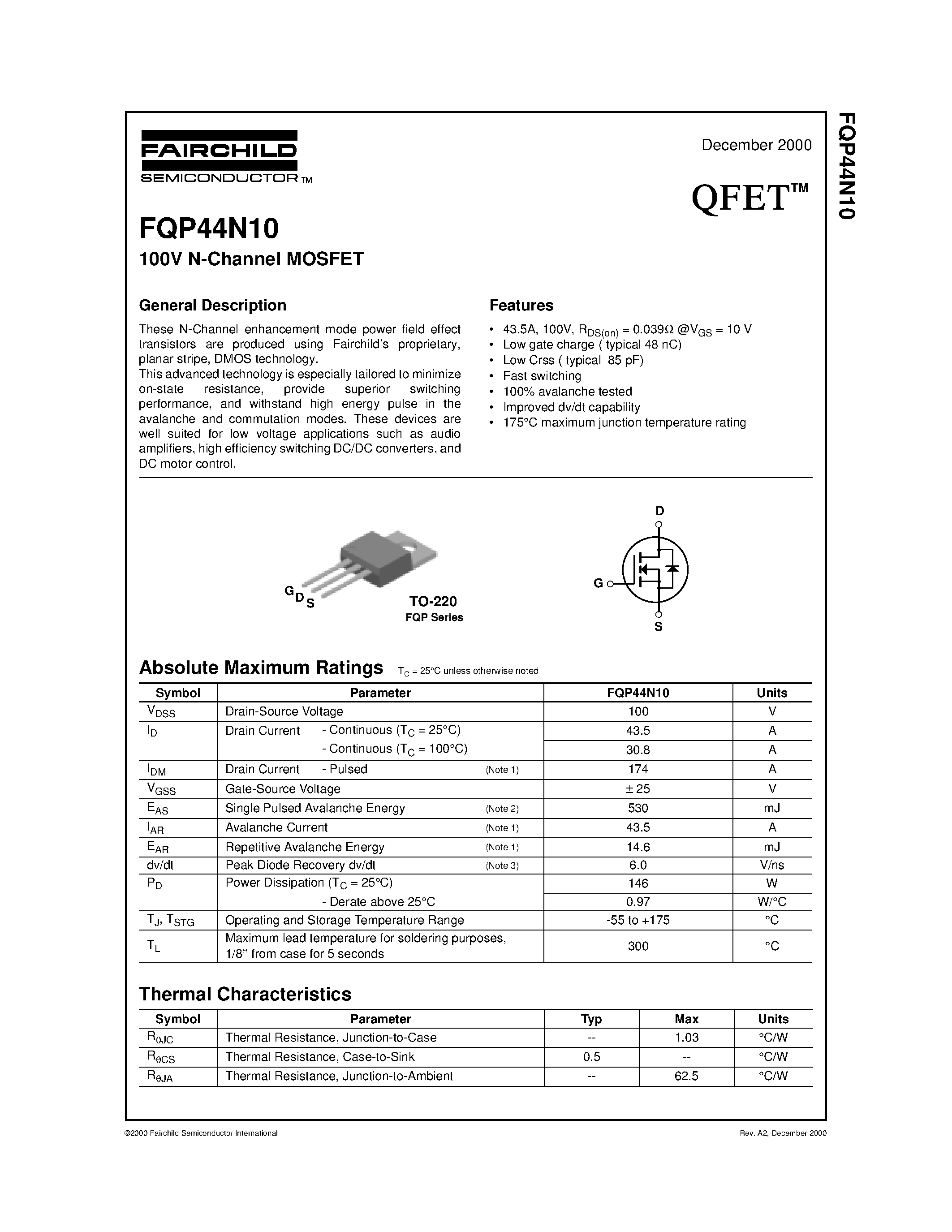 Даташит FQP44N10 - 100V N-Channel MOSFET страница 1