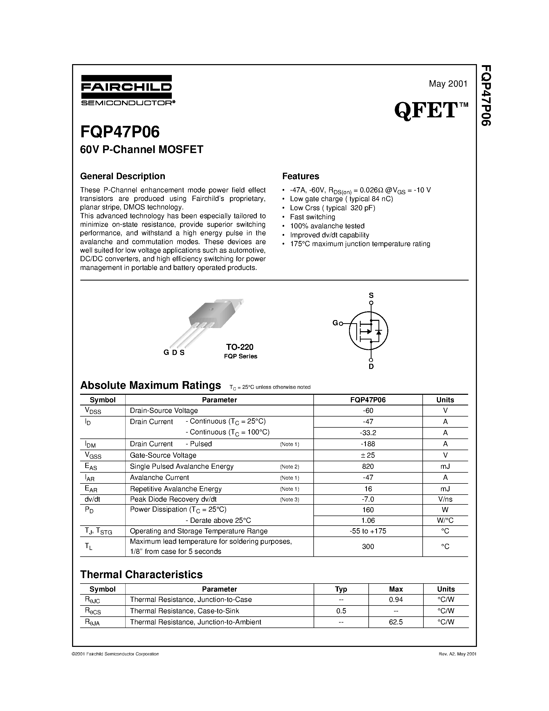 Даташит FQP47P06 - 60V P-Channel MOSFET страница 1