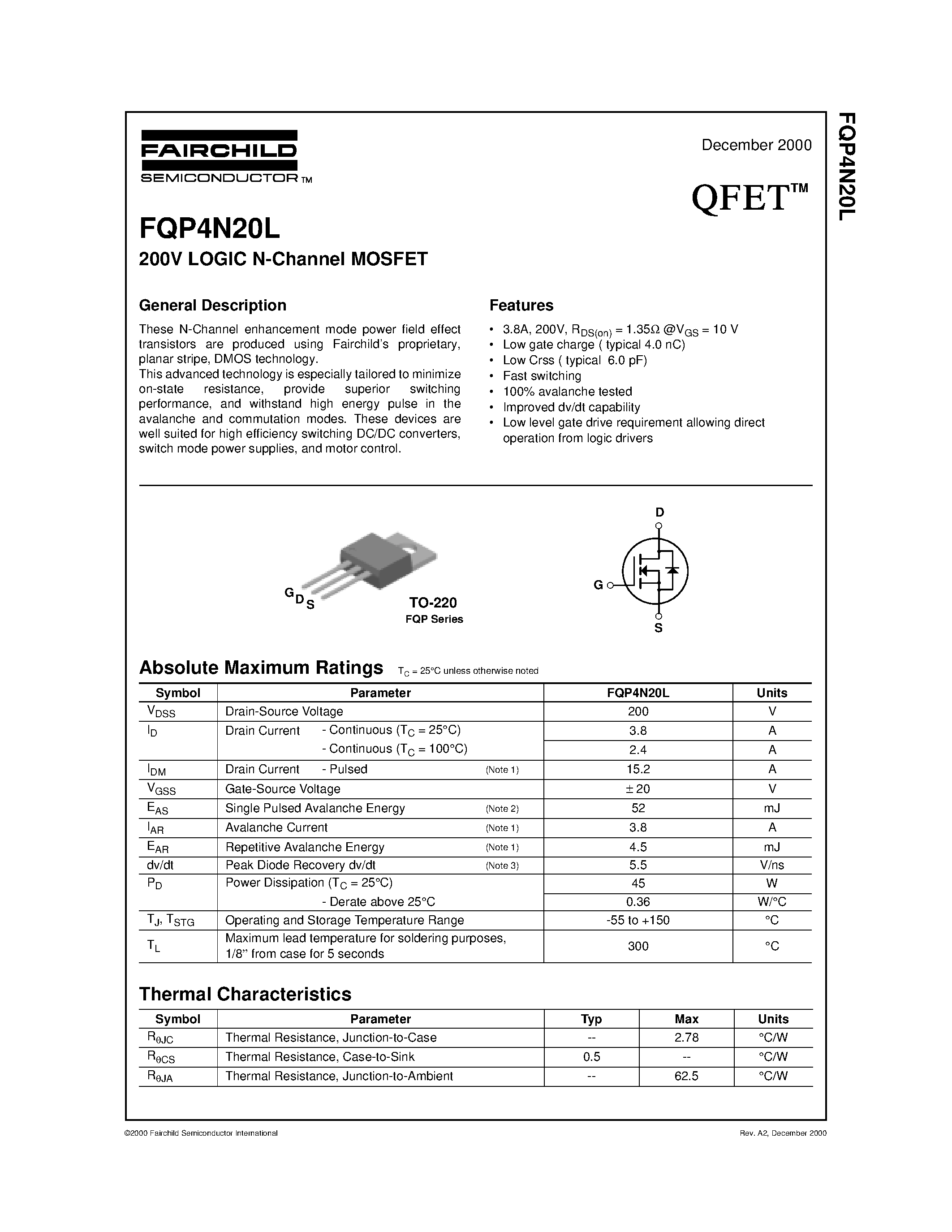 Даташит FQP4N20L - 200V LOGIC N-Channel MOSFET страница 1