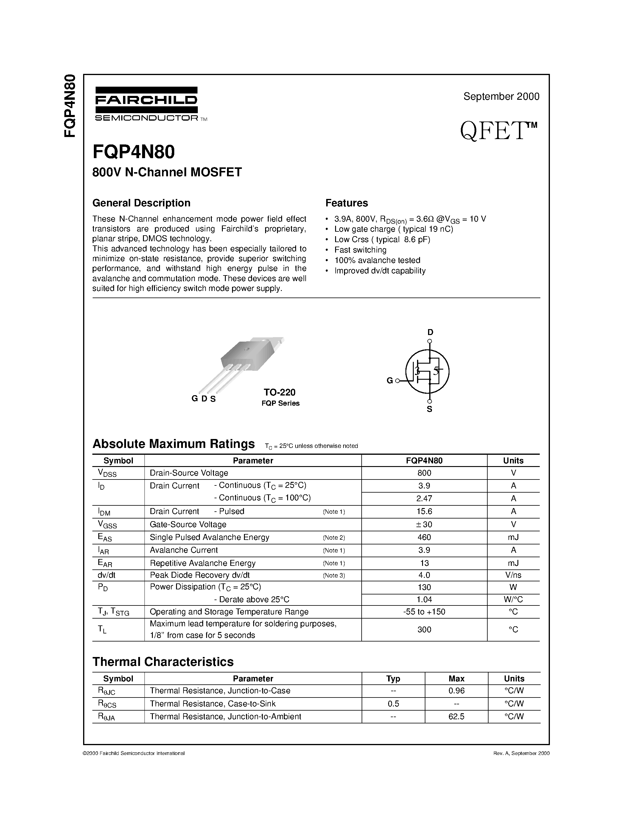 Datasheet FQP4N80 - 800V N-Channel MOSFET page 1