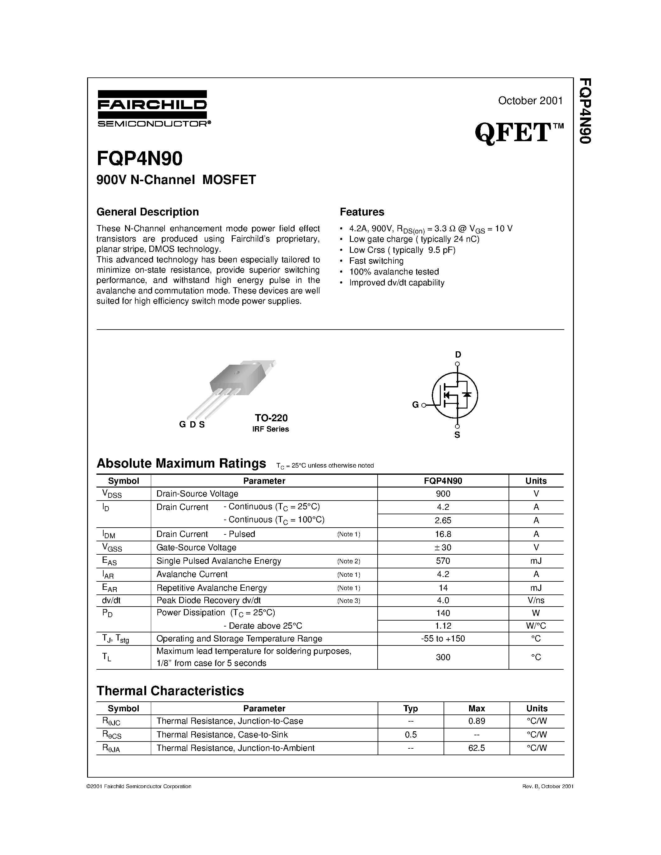 Datasheet FQP4N90 - 900V N-Channel MOSFET page 1