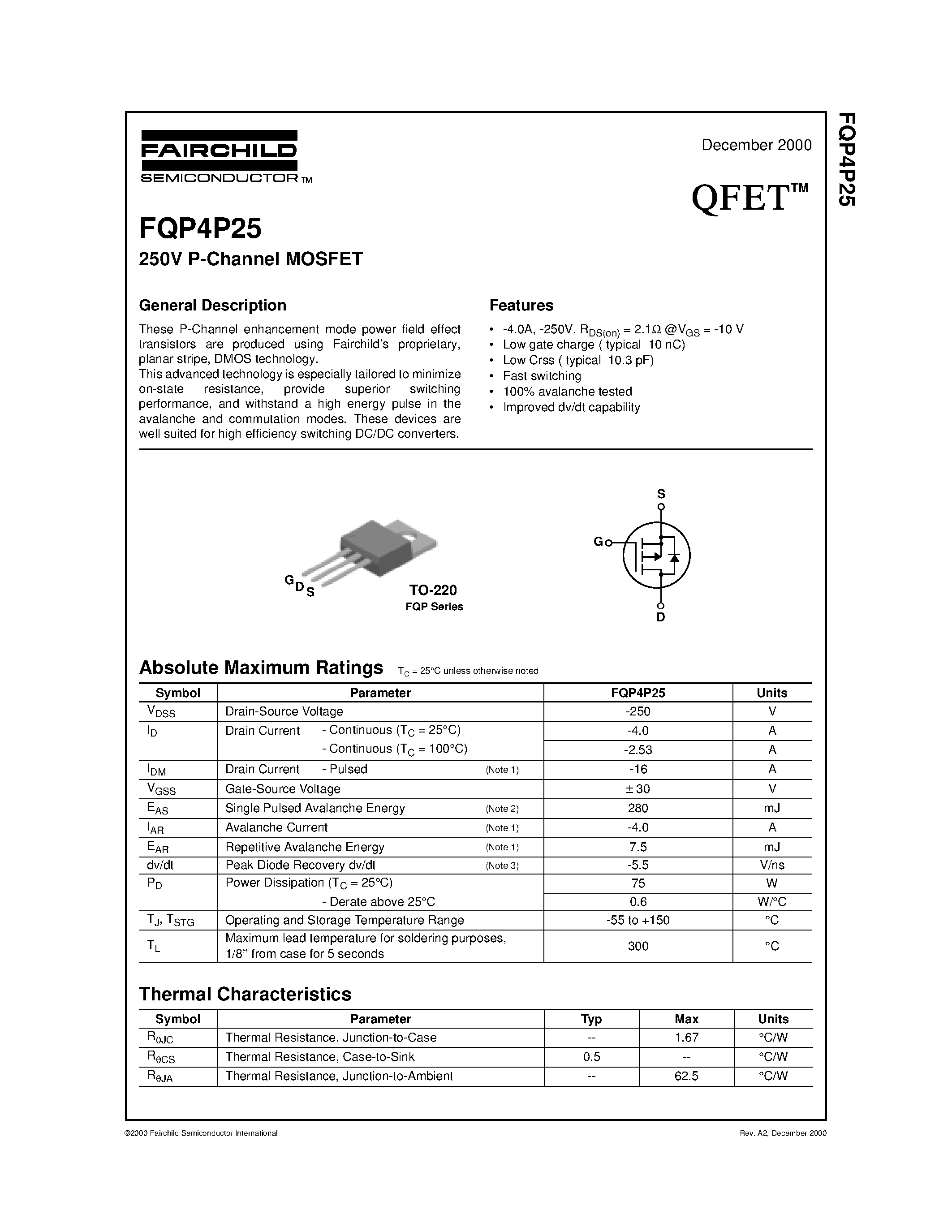 Datasheet FQP4P25 - 250V P-Channel MOSFET page 1