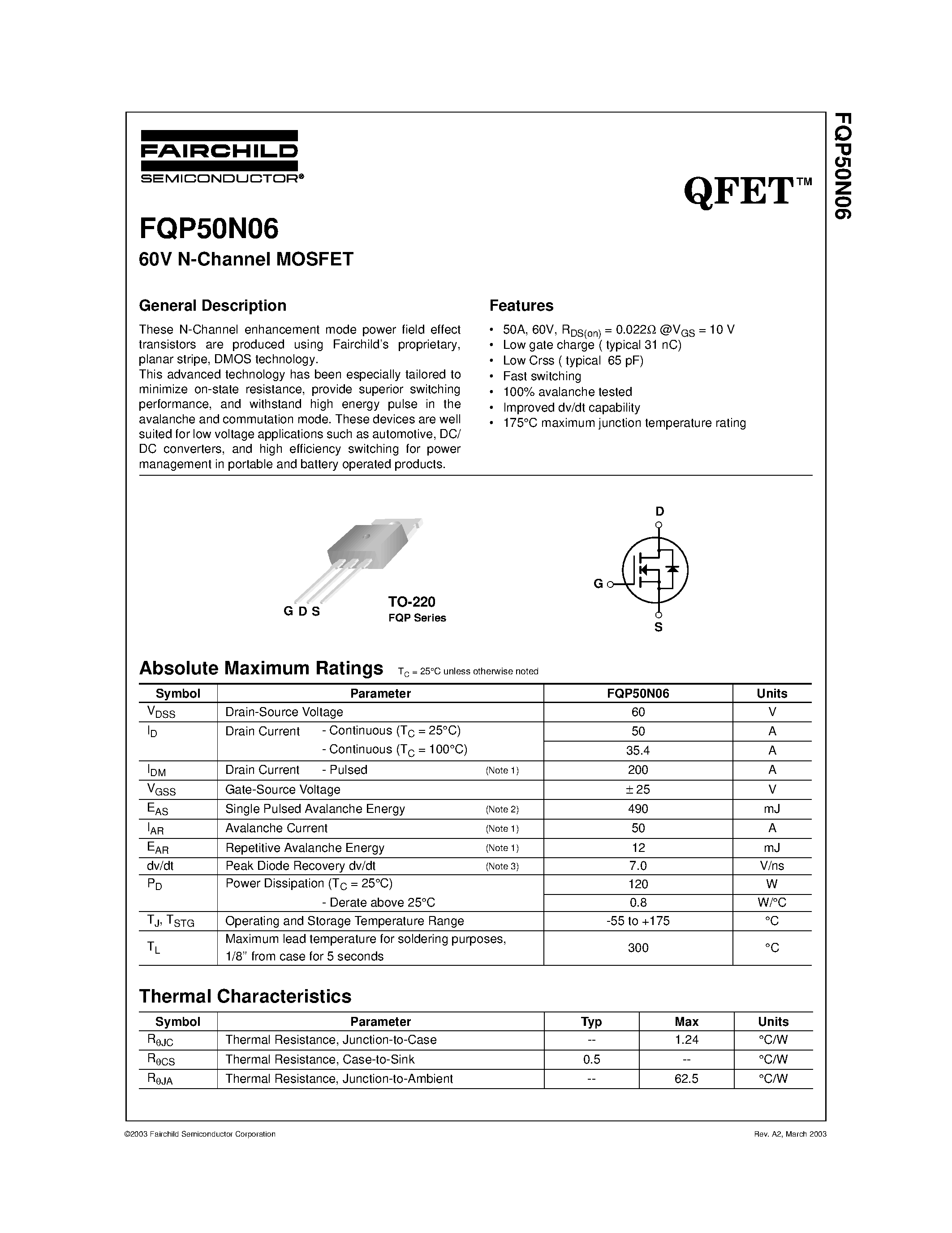 Datasheet FQP50N06 - 60V LOGIC N-Channel MOSFET page 1