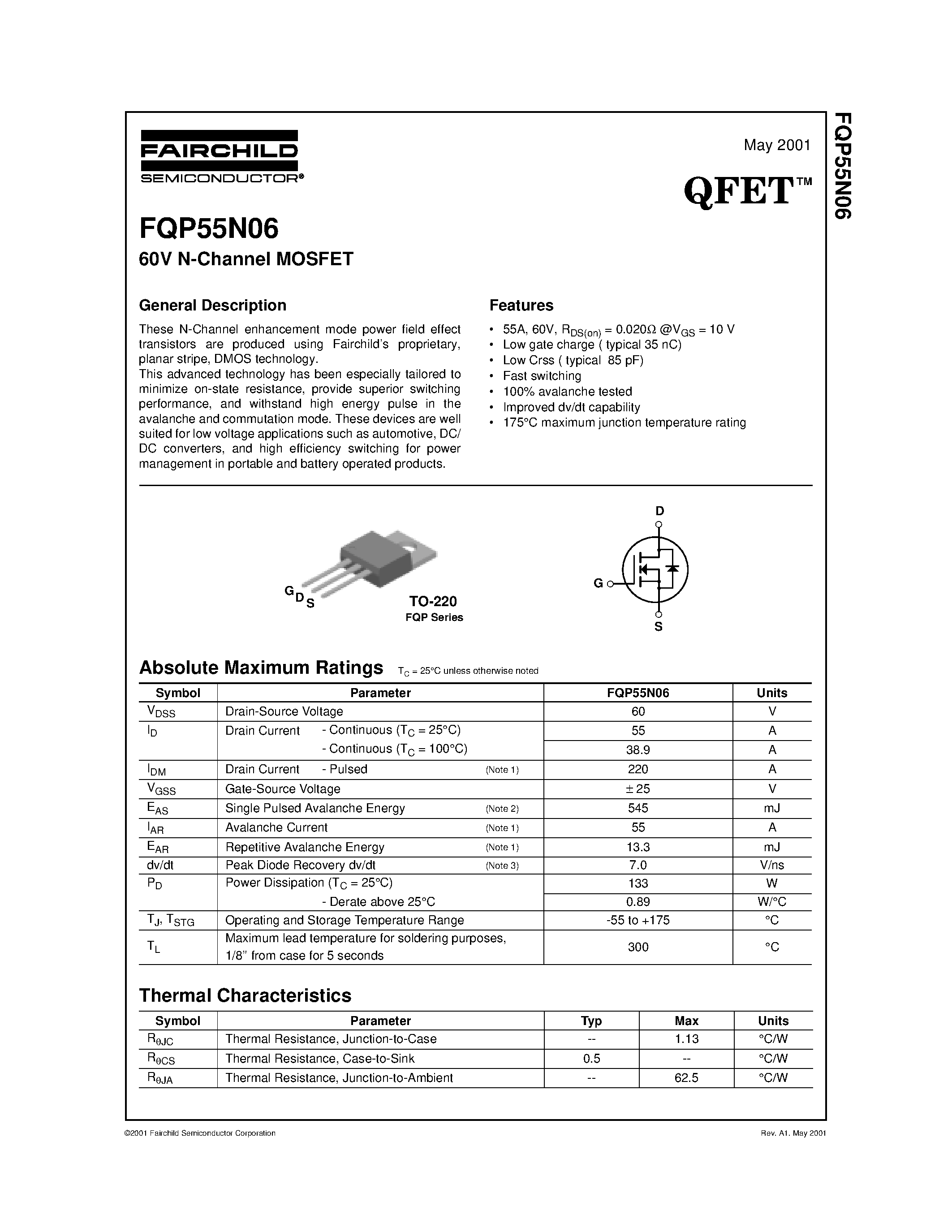 Datasheet FQP55N06 - 60V N-Channel MOSFET page 1