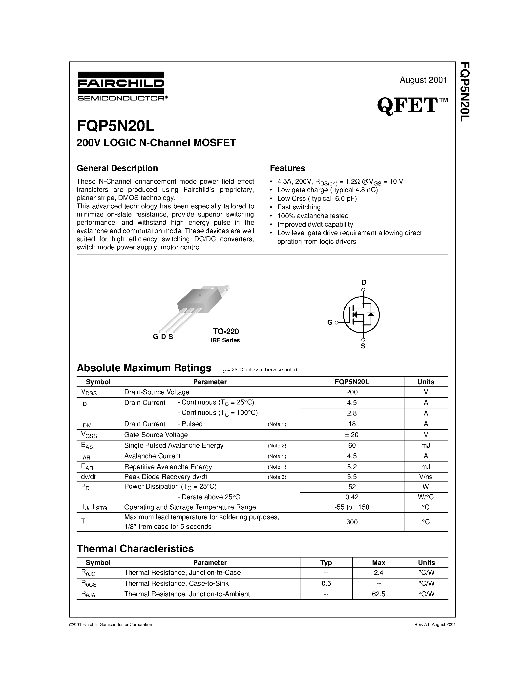 Datasheet FQP5N20L - 200V LOGIC N-Channel MOSFET page 1