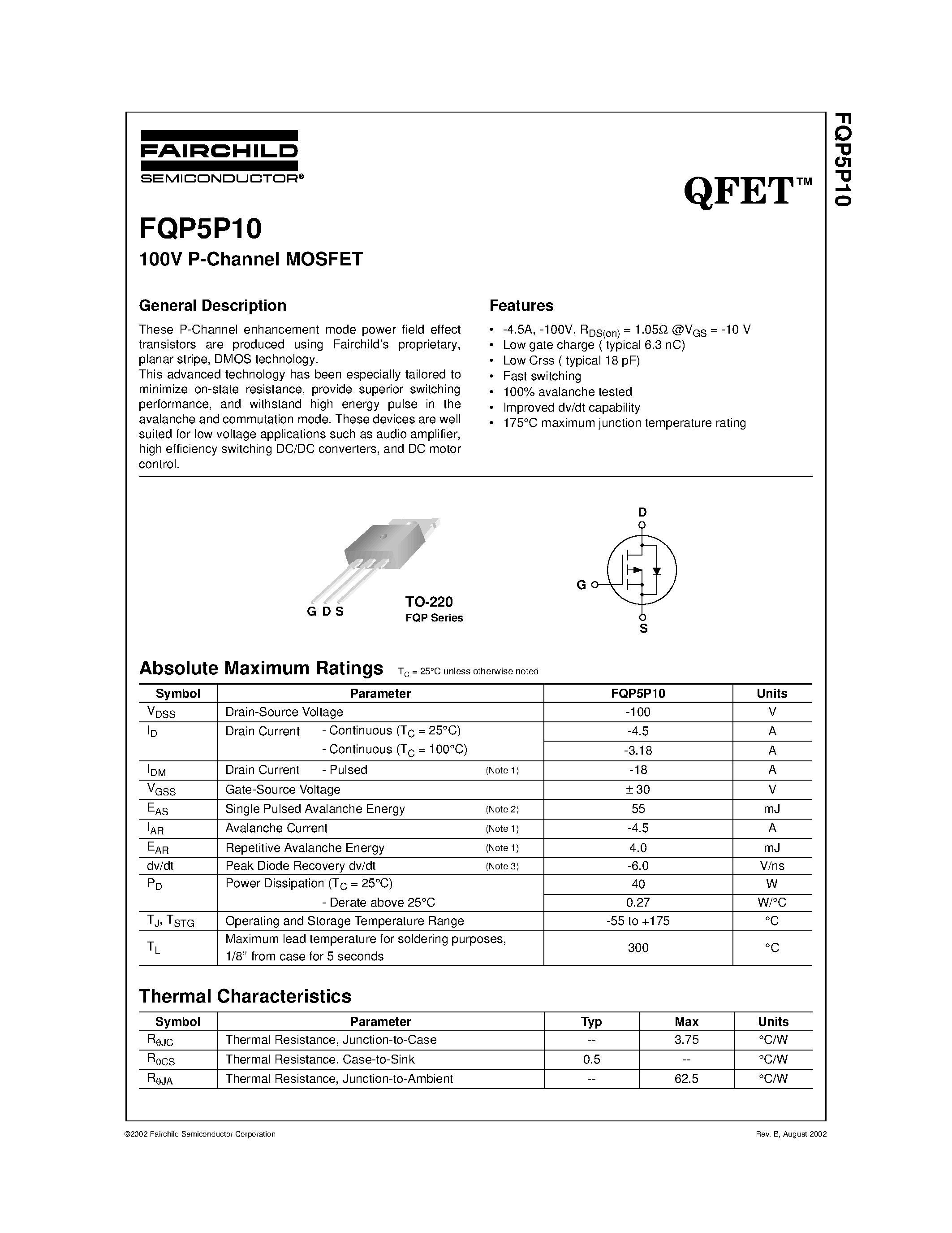 Datasheet FQP5P10 - 100V P-Channel MOSFET page 1