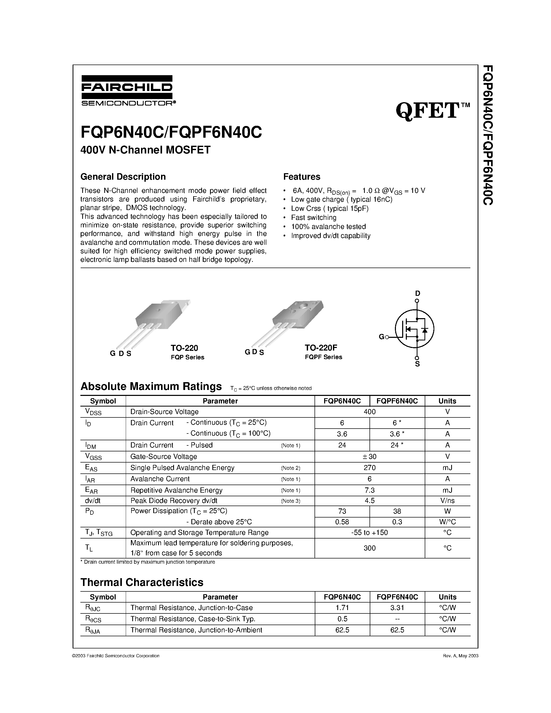 Datasheet FQP6N40C - 400V N-Channel MOSFET page 1