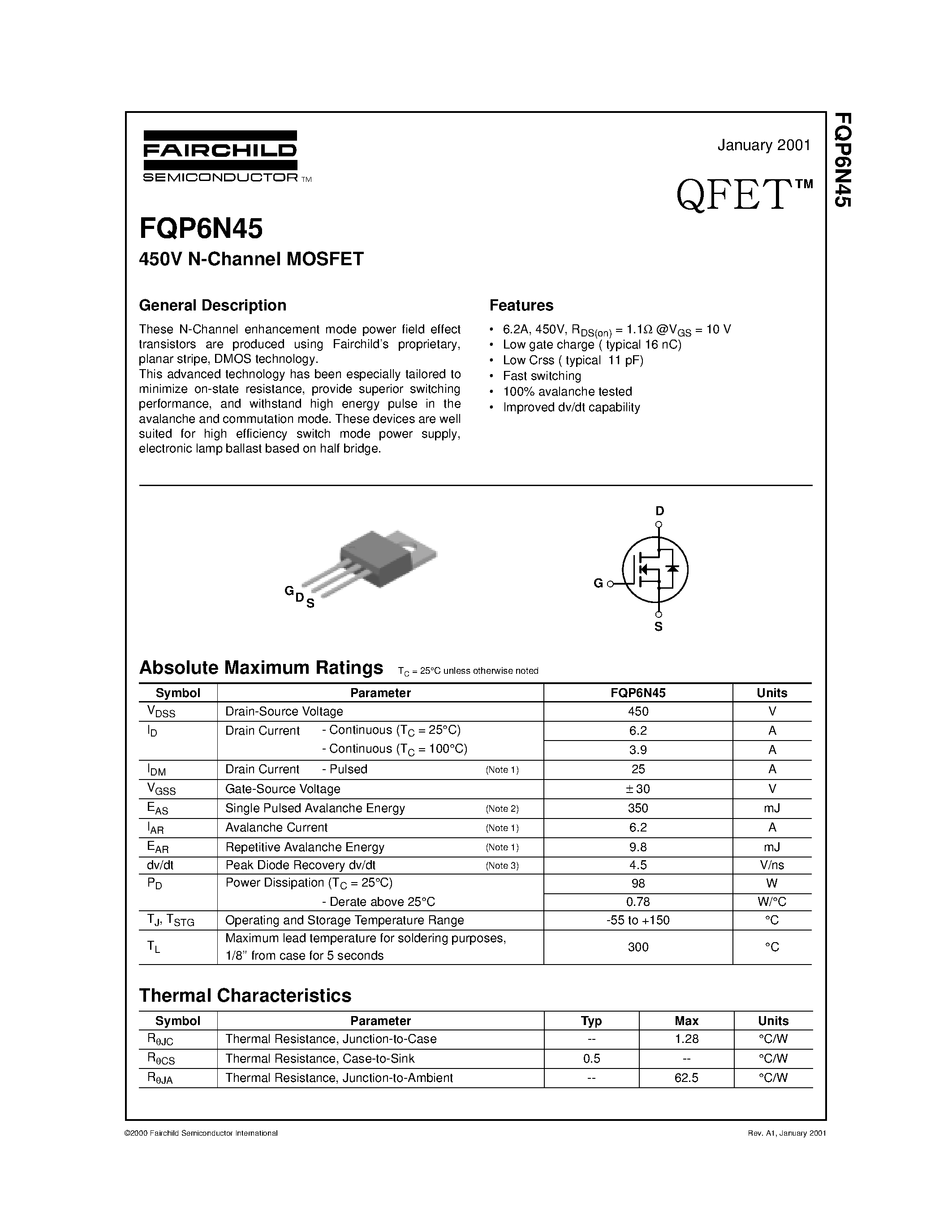 Datasheet FQP6N45 - 450V N-Channel MOSFET page 1