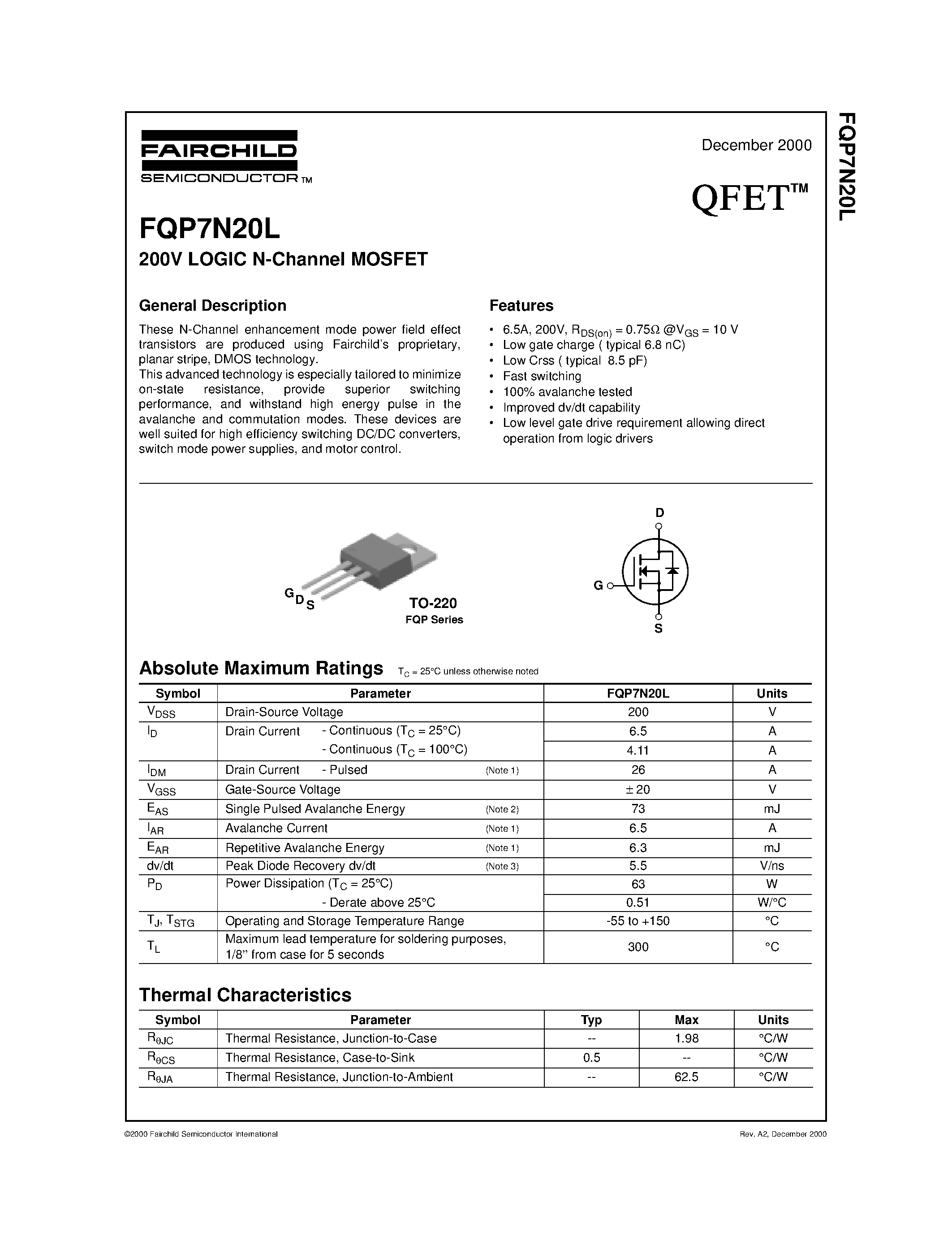 Datasheet FQP7N20L - 200V LOGIC N-Channel MOSFET page 1