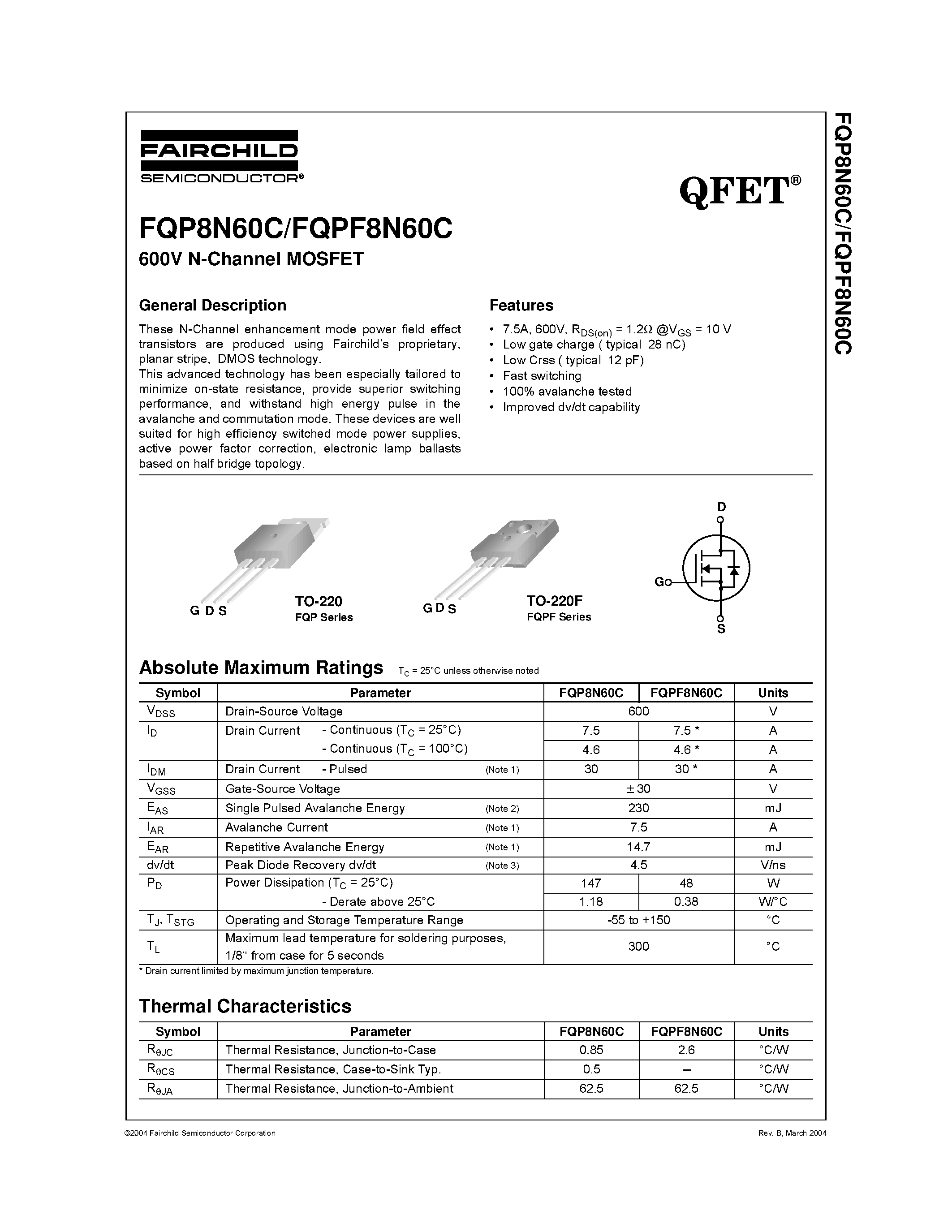 Datasheet FQP8N60C - 600V N-Channel MOSFET page 1