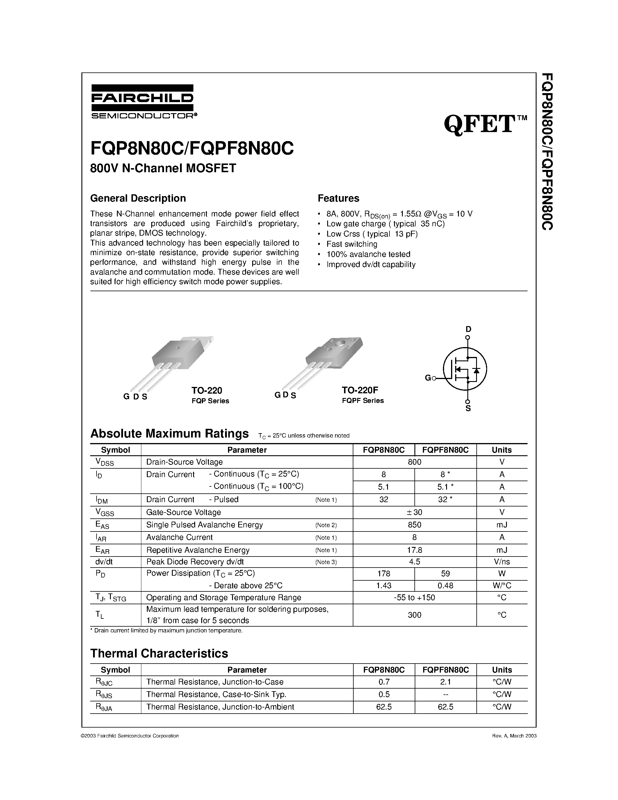 Datasheet FQP8N80C - 800V N-Channel MOSFET page 1