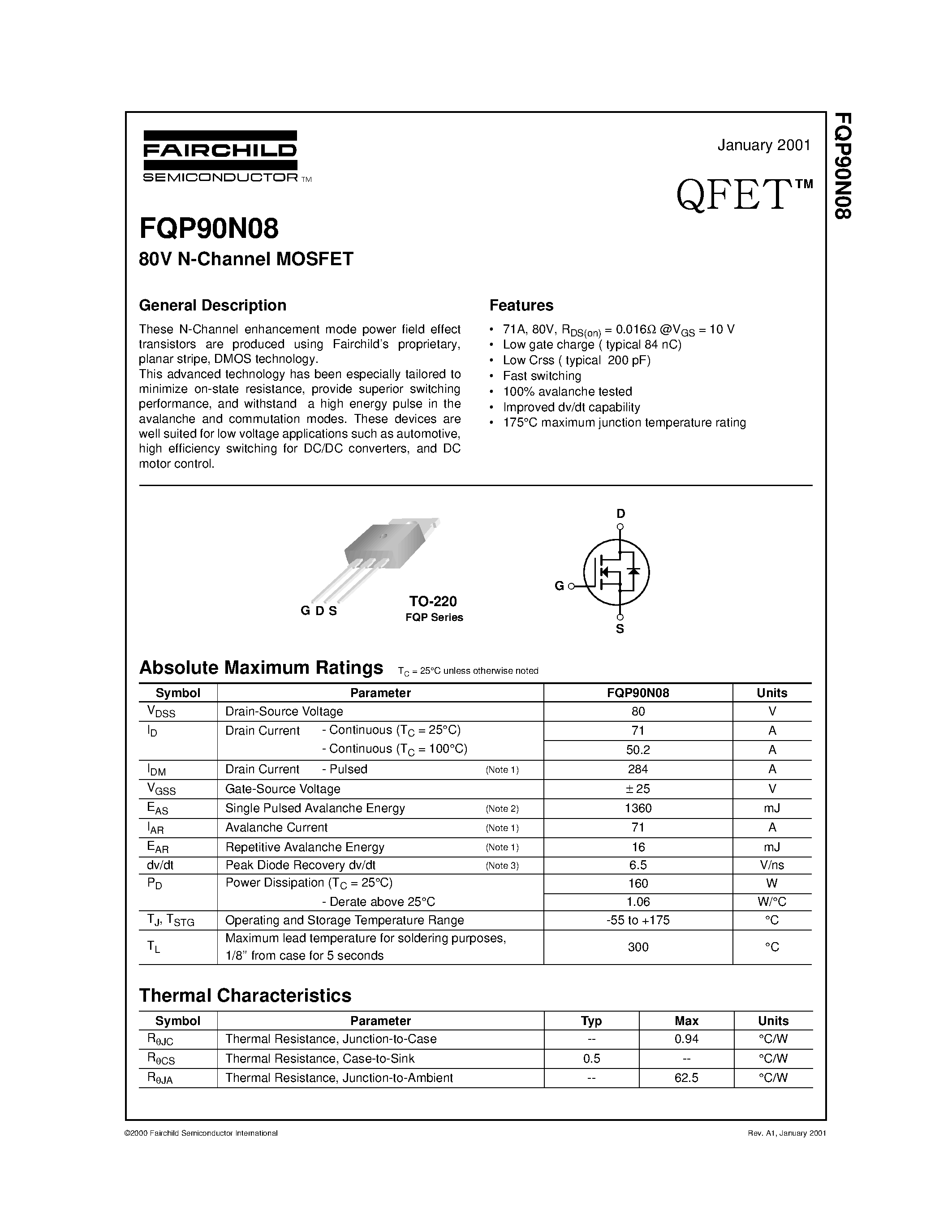 Datasheet FQP90N08 - 80V N-Channel MOSFET page 1