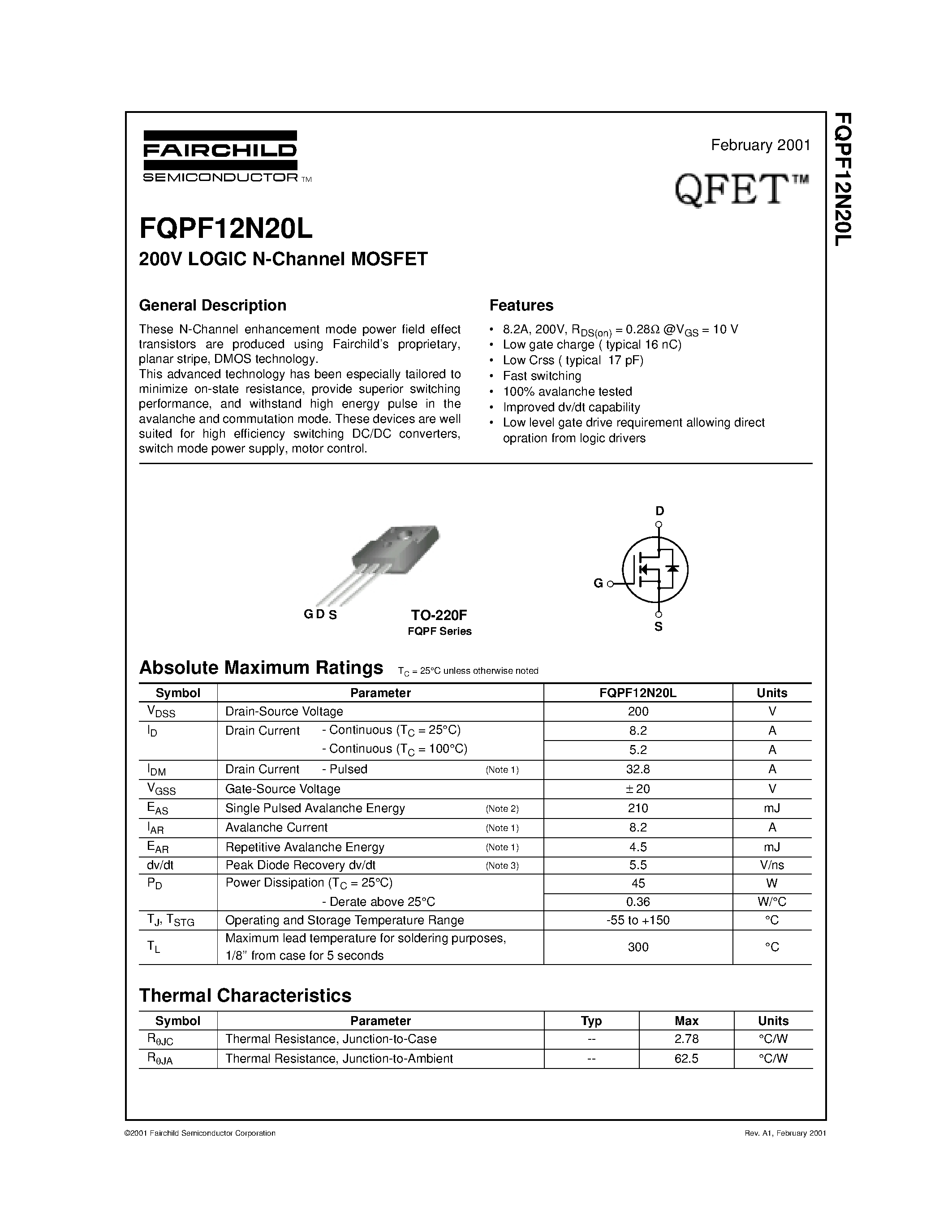 Datasheet FQPF12N20L - 200V LOGIC N-Channel MOSFET page 1