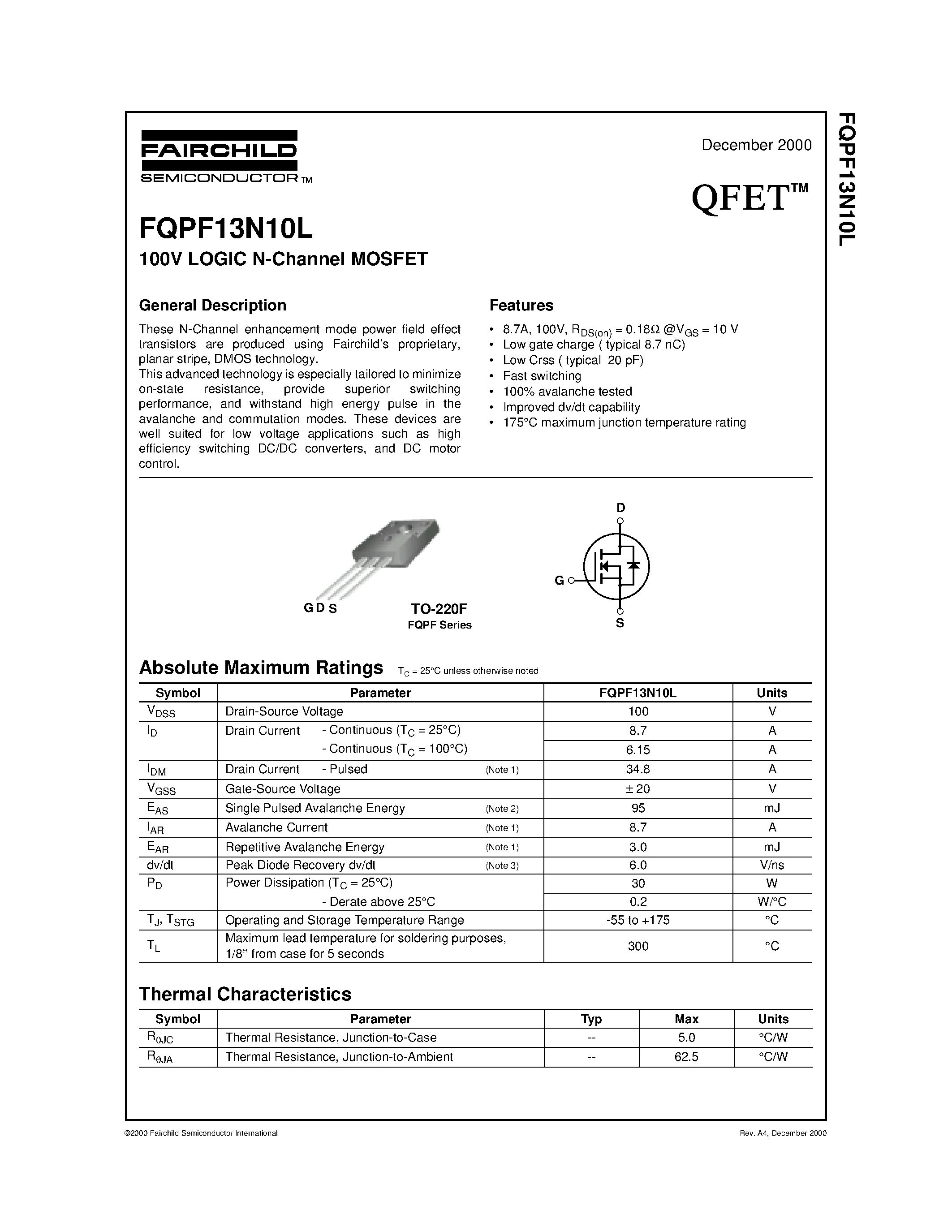 Даташит FQPF13N10L - 100V LOGIC N-Channel MOSFET страница 1