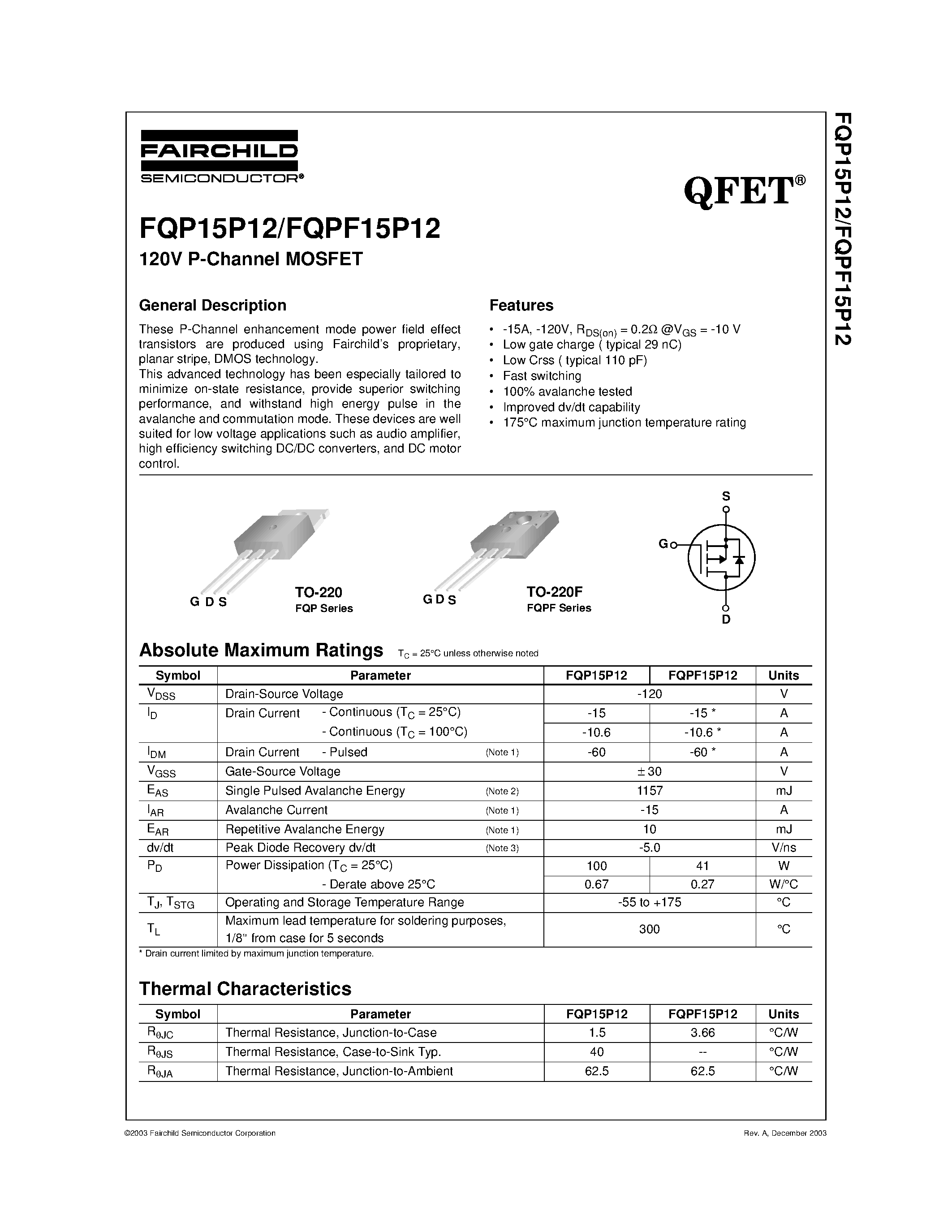 Datasheet FQPF15P12 - 120V P-Channel MOSFET page 1