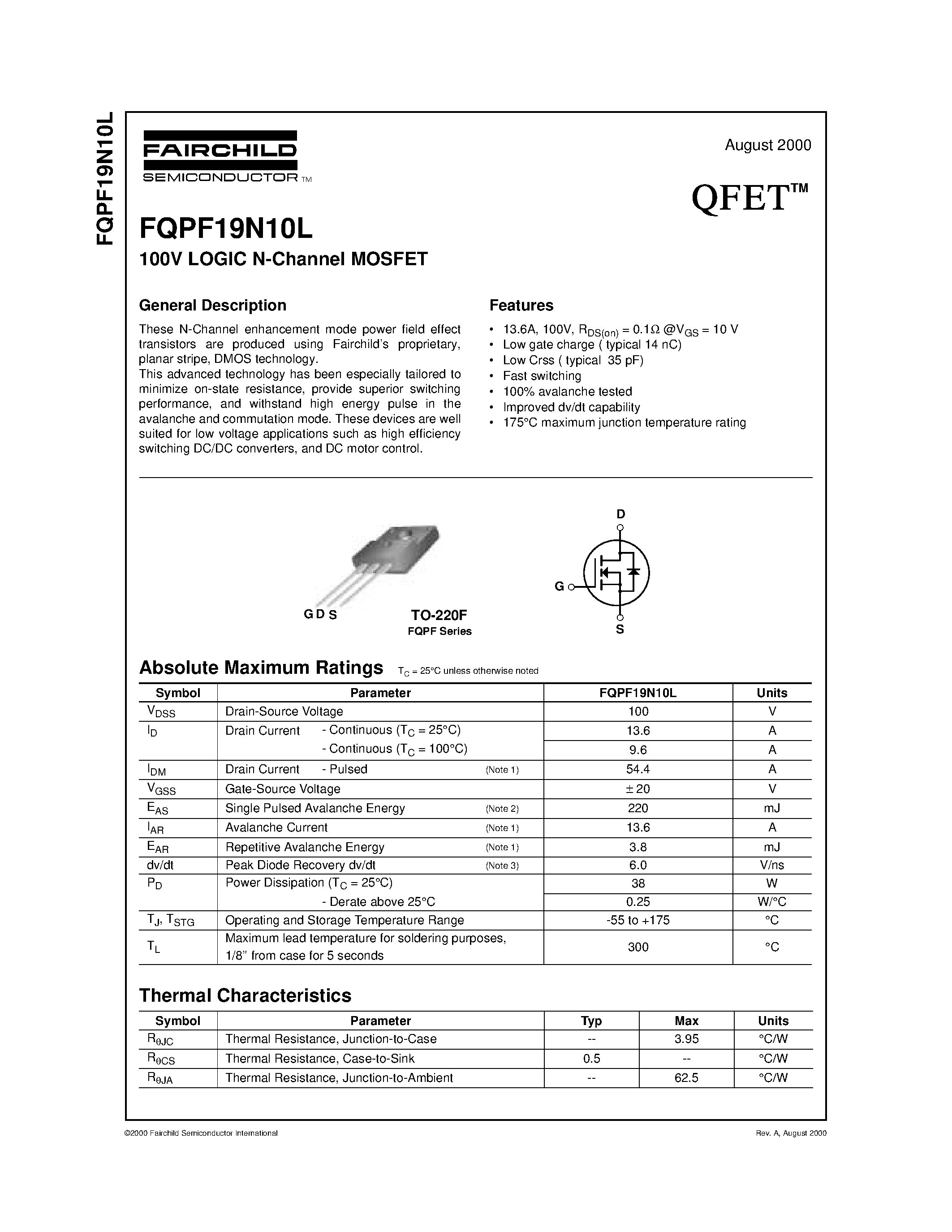 Datasheet FQPF19N10L - 100V LOGIC N-Channel MOSFET page 1