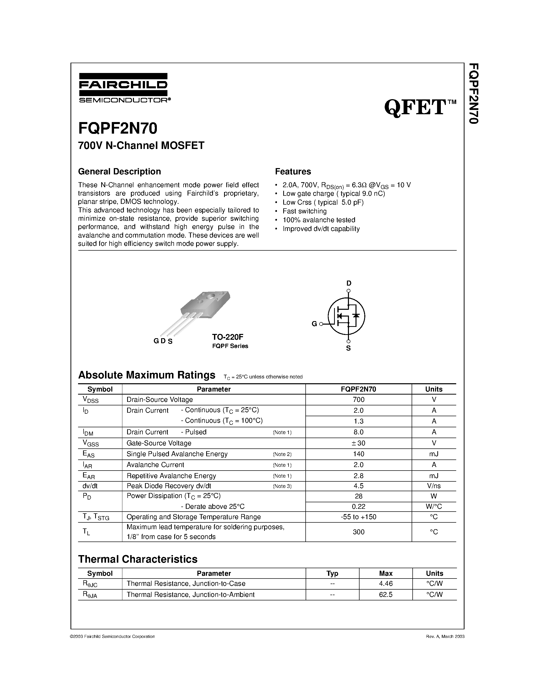 Datasheet FQPF2N70 - 700V N-Channel MOSFET page 1