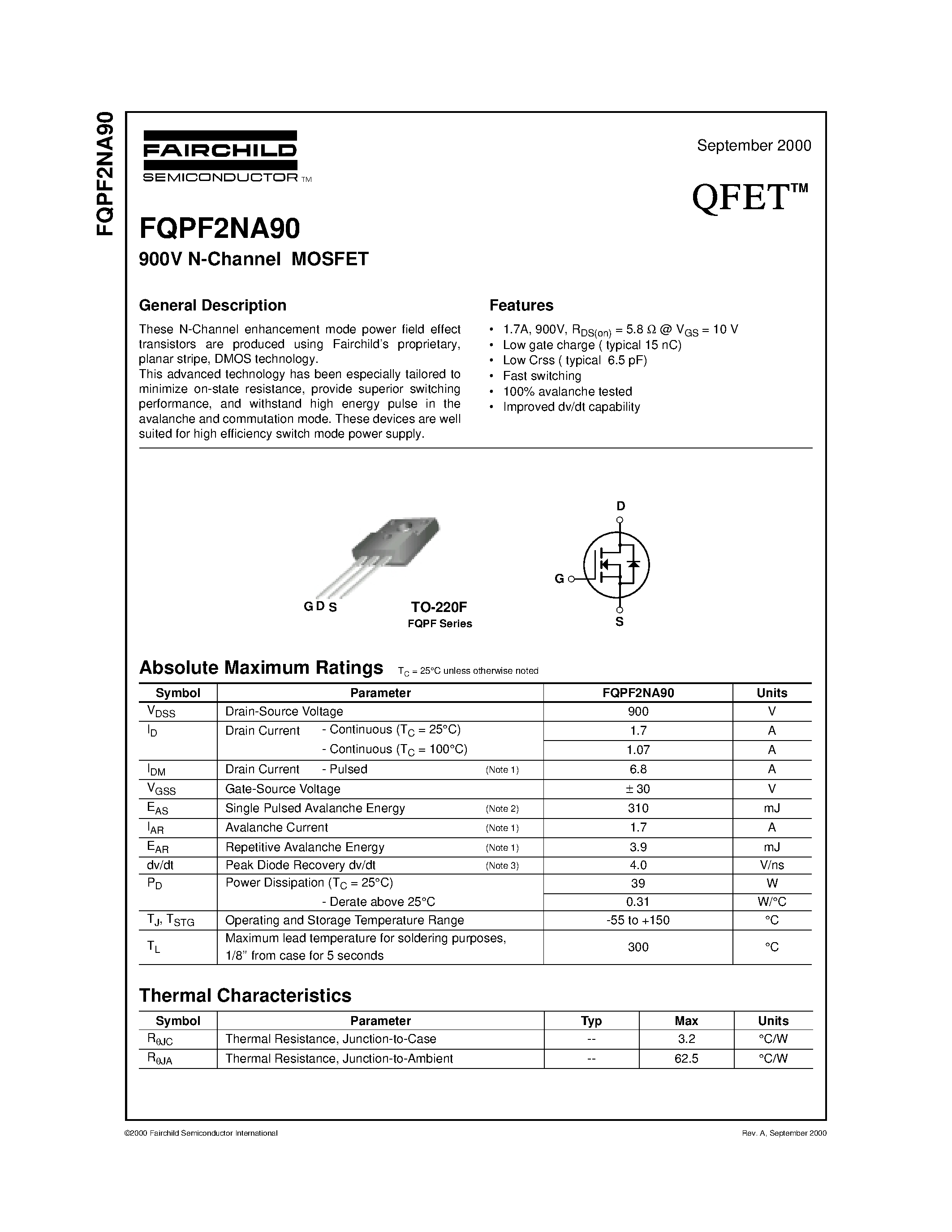 Datasheet FQPF2NA90 - 900V N-Channel MOSFET page 1