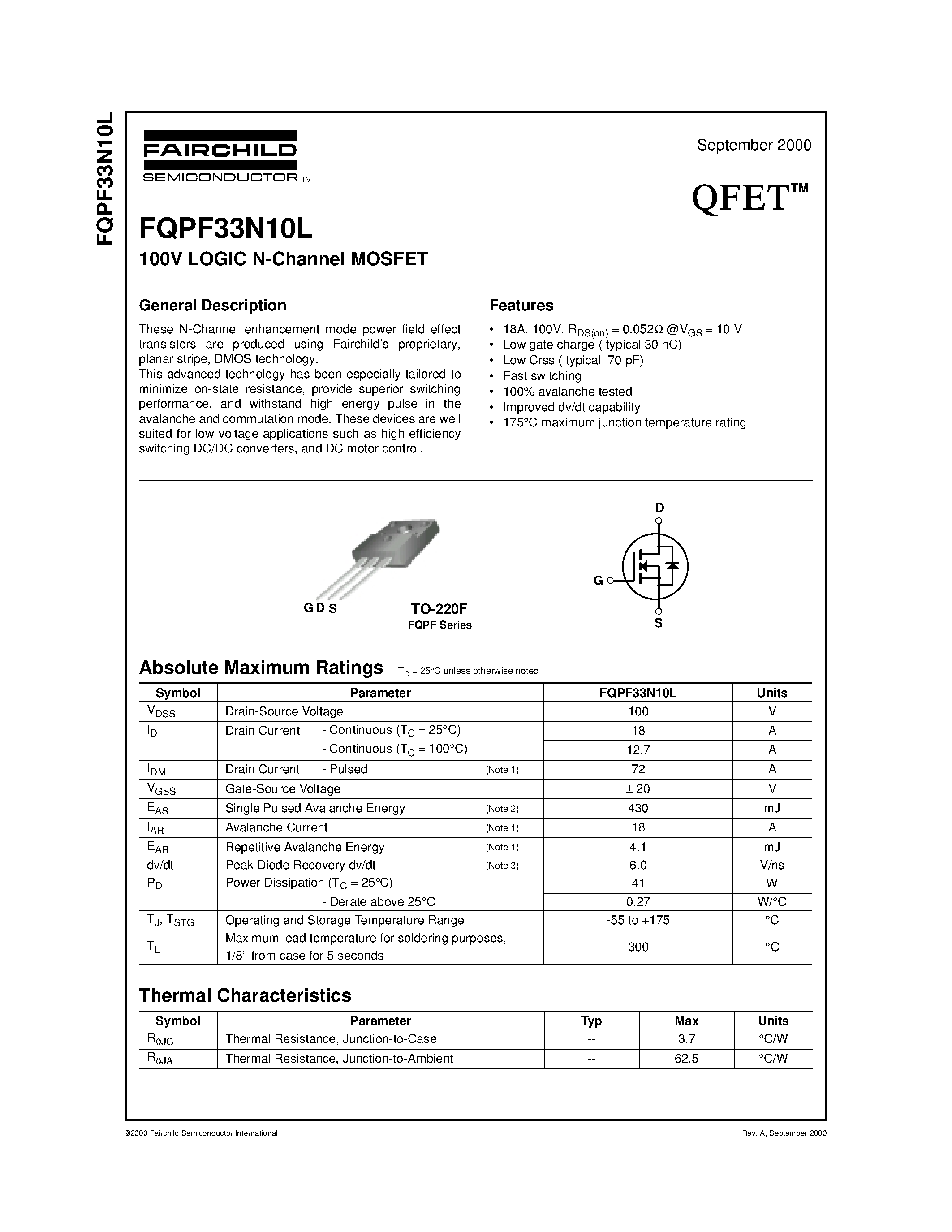 Datasheet FQPF33N10L - 100V LOGIC N-Channel MOSFET page 1