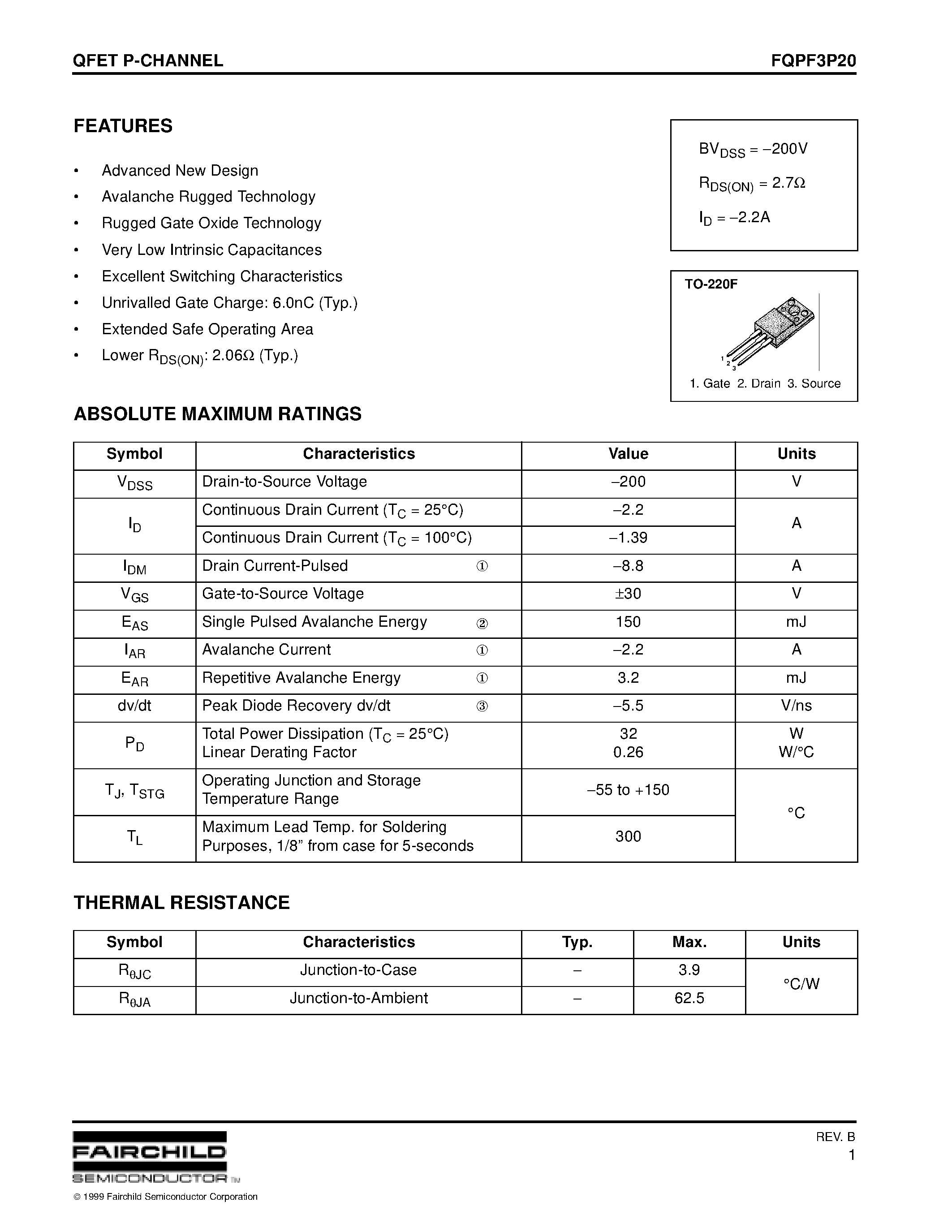 Datasheet FQPF3P20 - QFET P-CHANNEL page 1