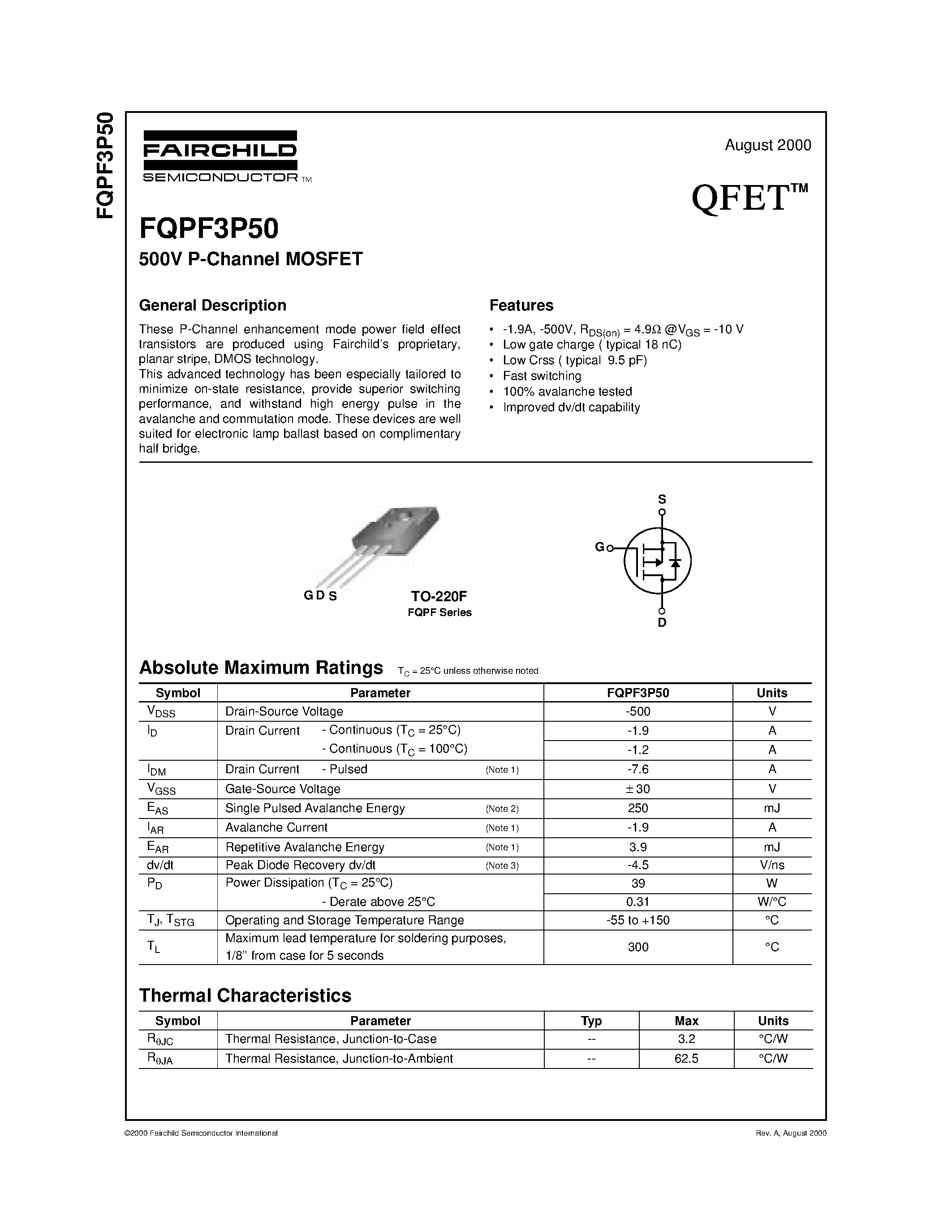 Datasheet FQPF3P50 - 500V P-Channel MOSFET page 1