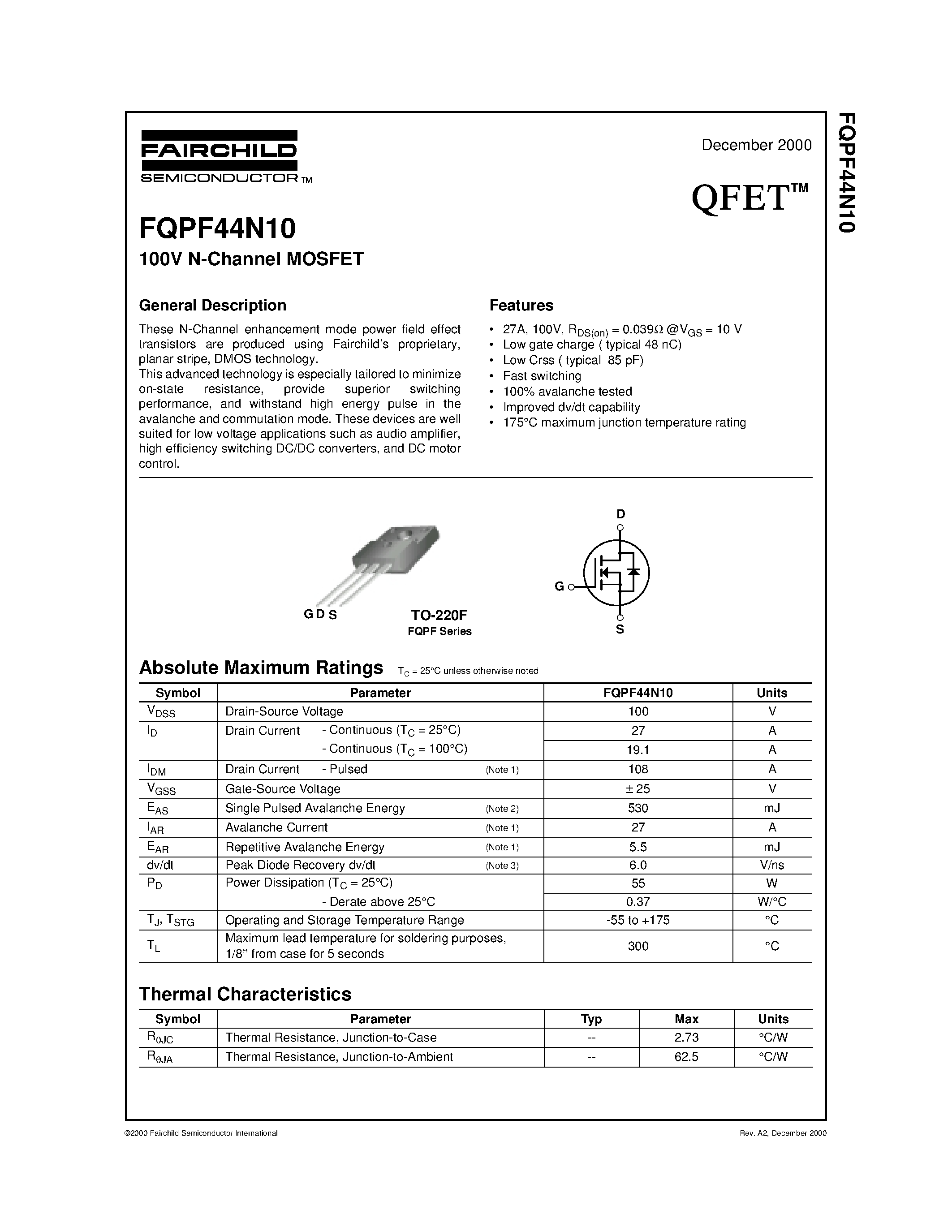 Datasheet FQPF44N10 - 100V N-Channel MOSFET page 1