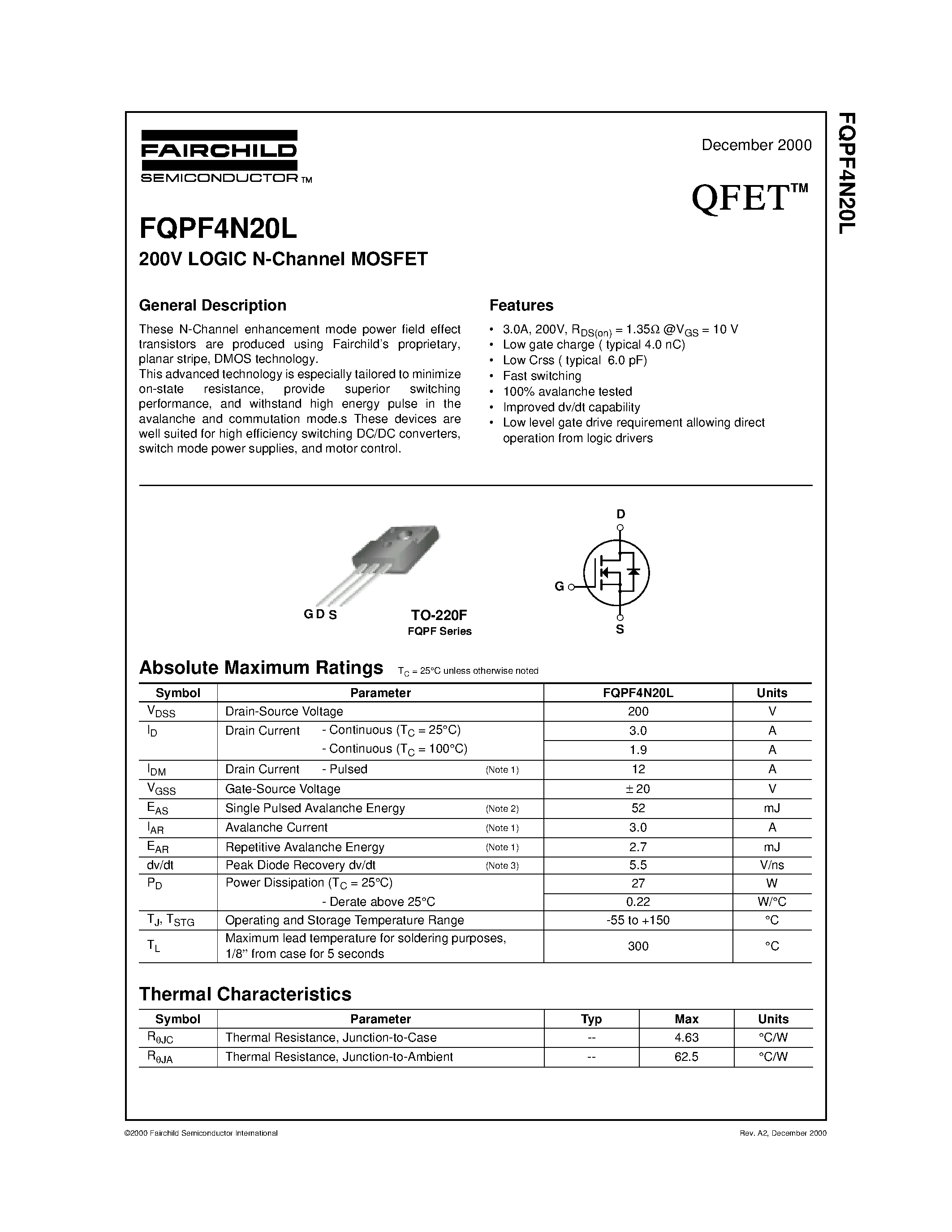 Datasheet FQPF4N20L - 200V LOGIC N-Channel MOSFET page 1