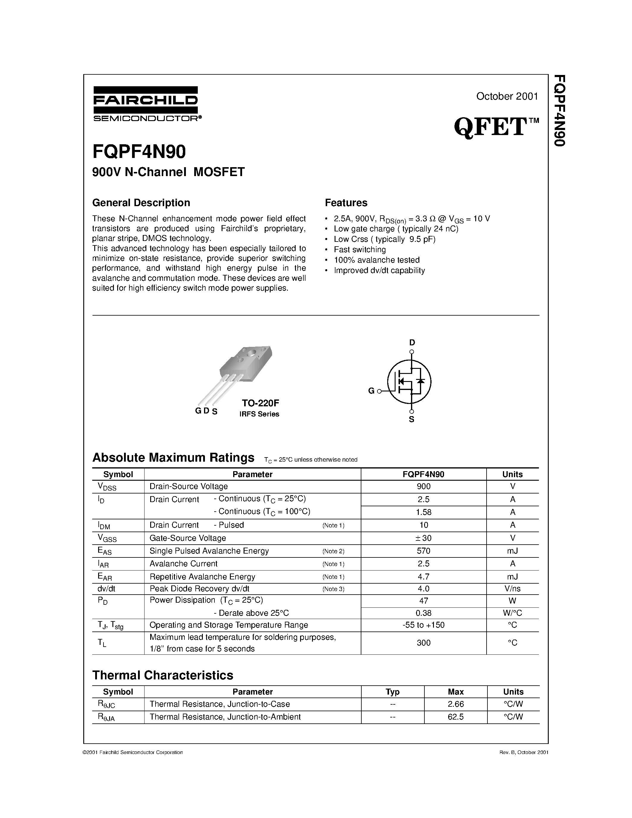 Datasheet FQPF4N90 - 900V N-Channel MOSFET page 1