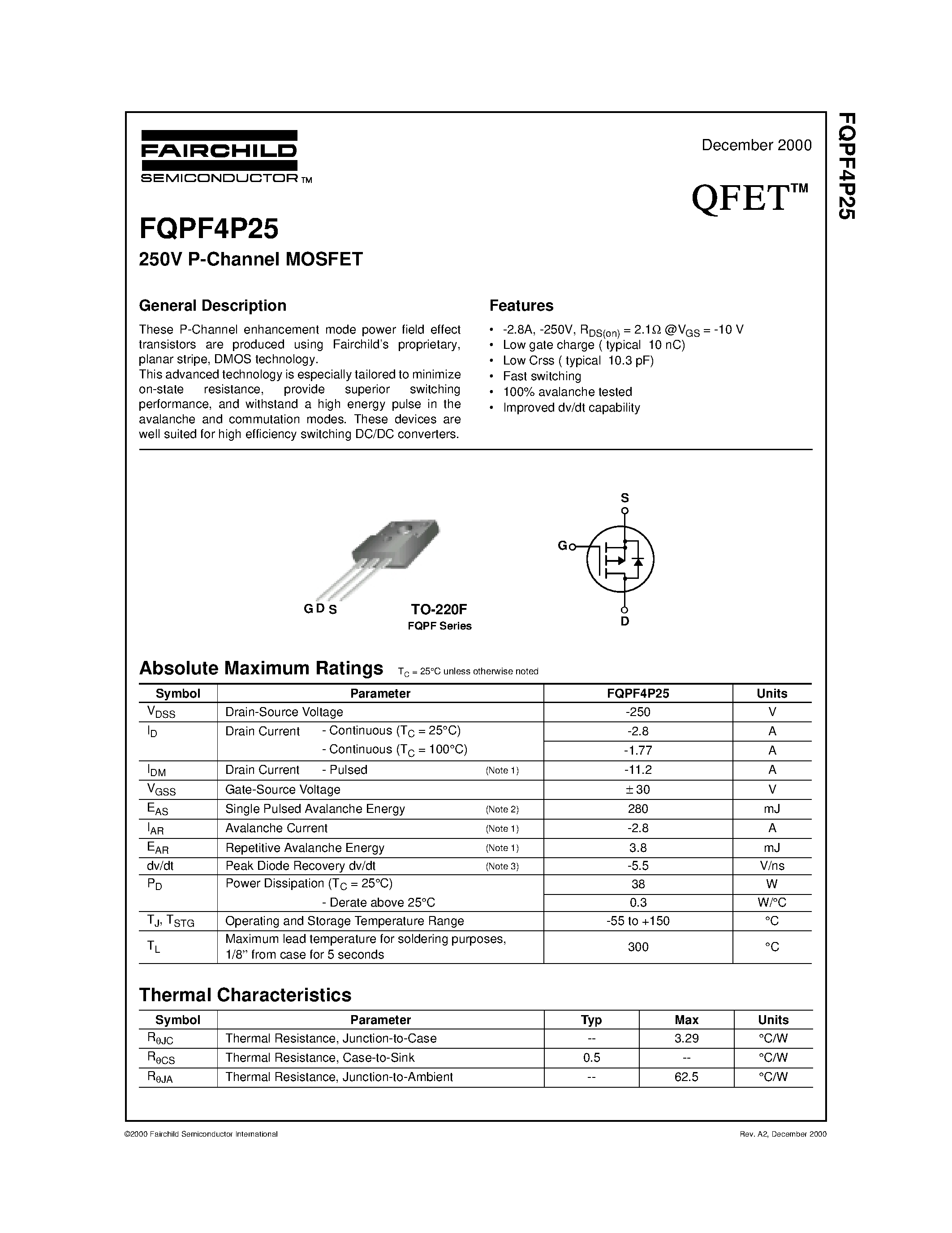 Datasheet FQPF4P25 - 250V P-Channel MOSFET page 1