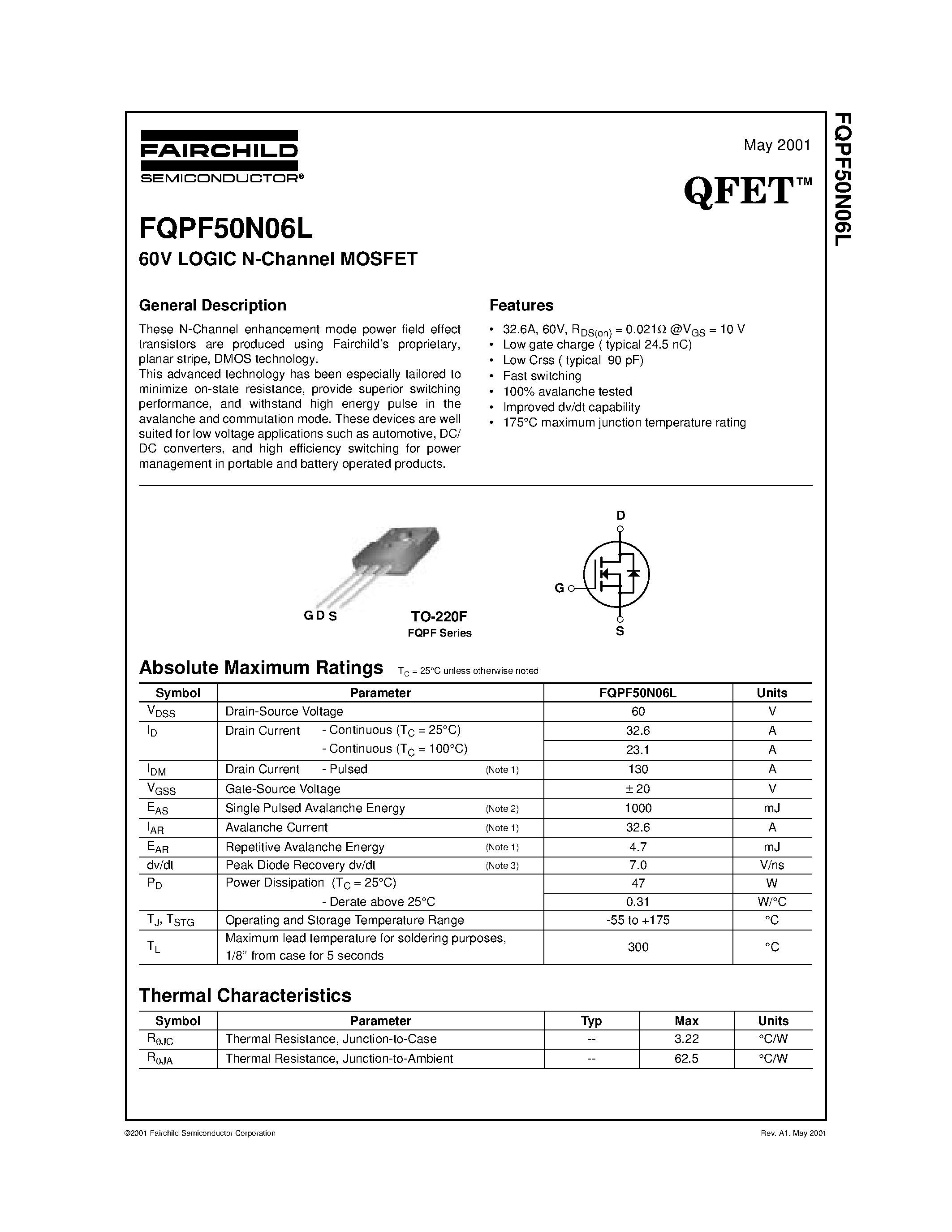 Datasheet FQPF50N06L - 60V LOGIC N-Channel MOSFET page 1