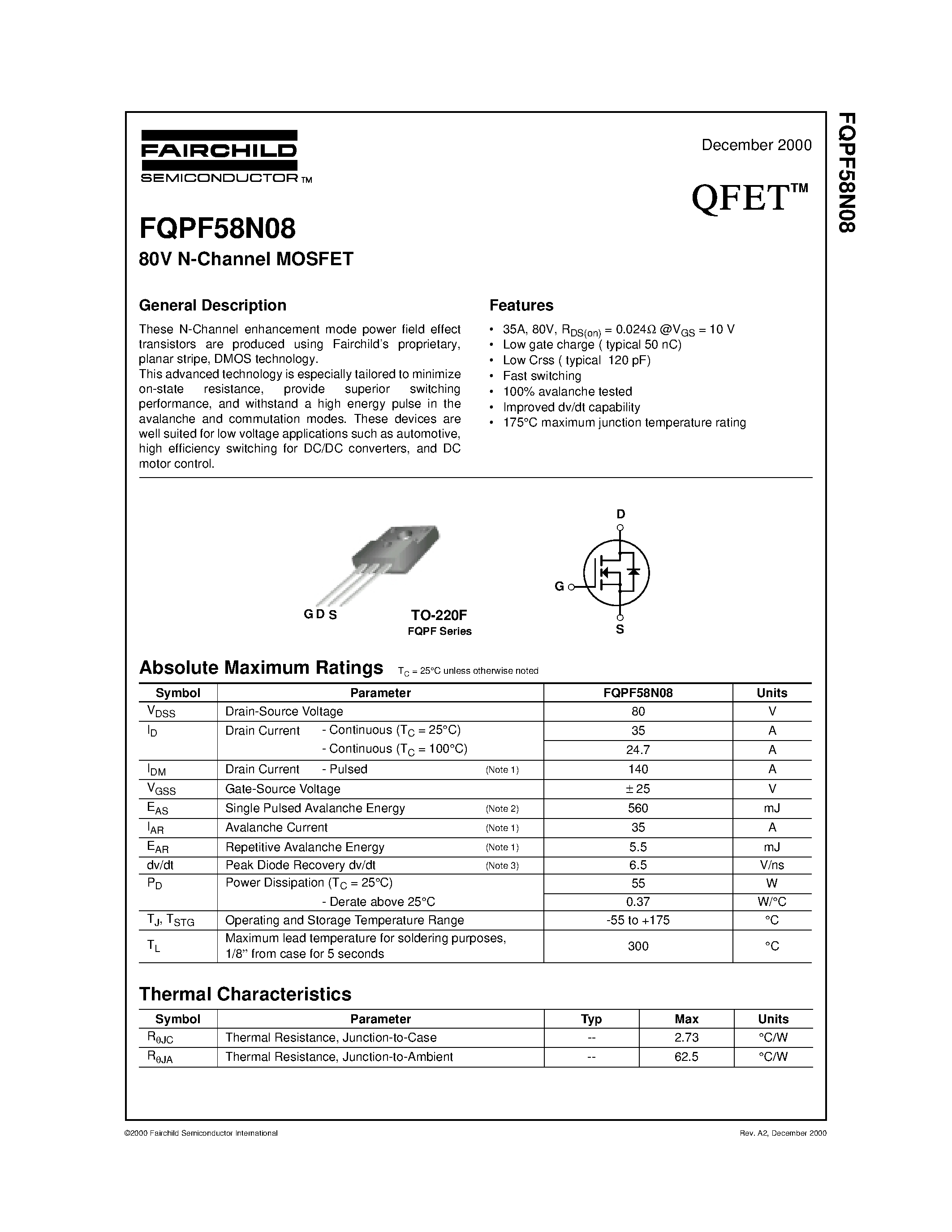 Datasheet FQPF58N08 - 80V N-Channel MOSFET page 1