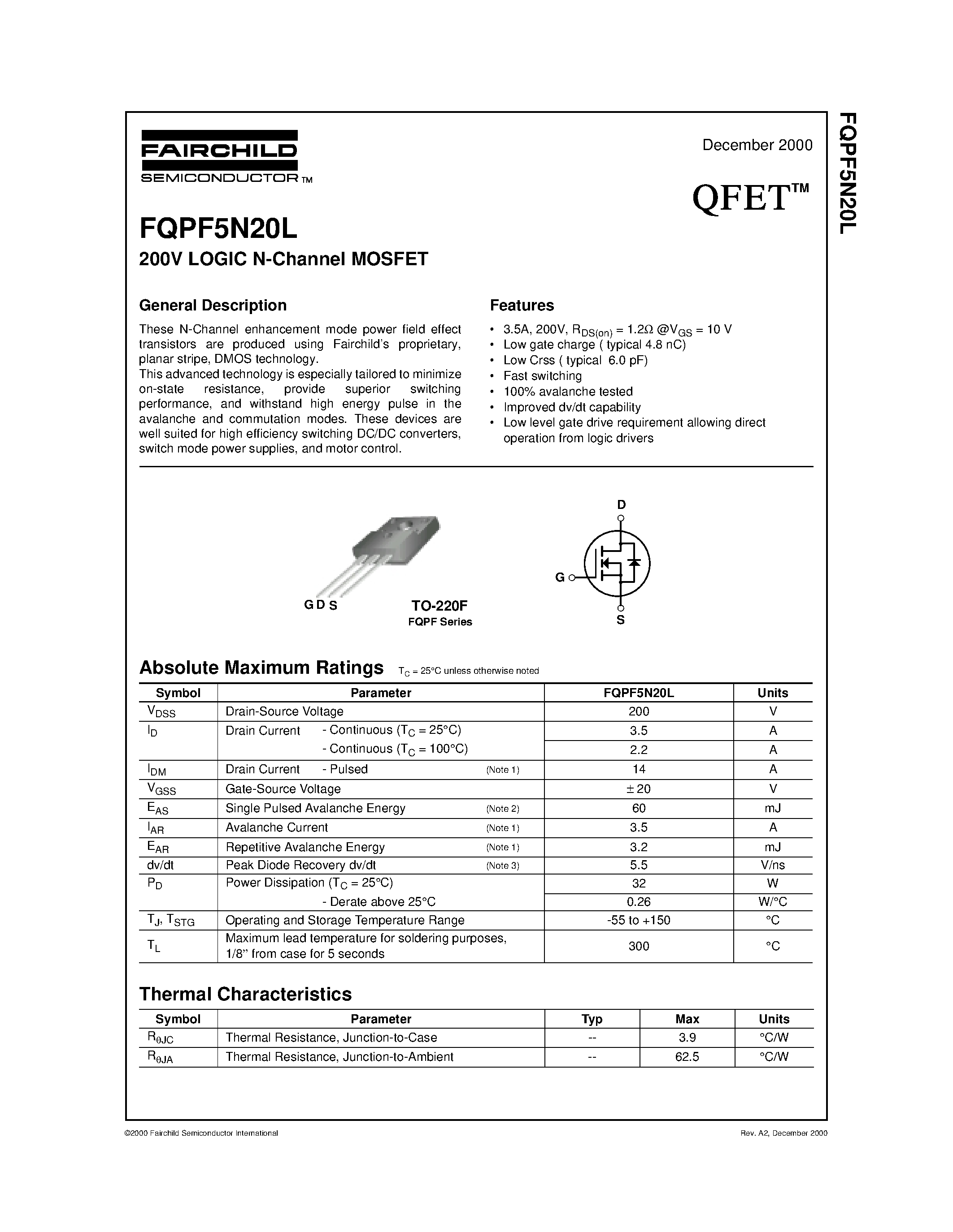 Datasheet FQPF5N20L - 200V LOGIC N-Channel MOSFET page 1