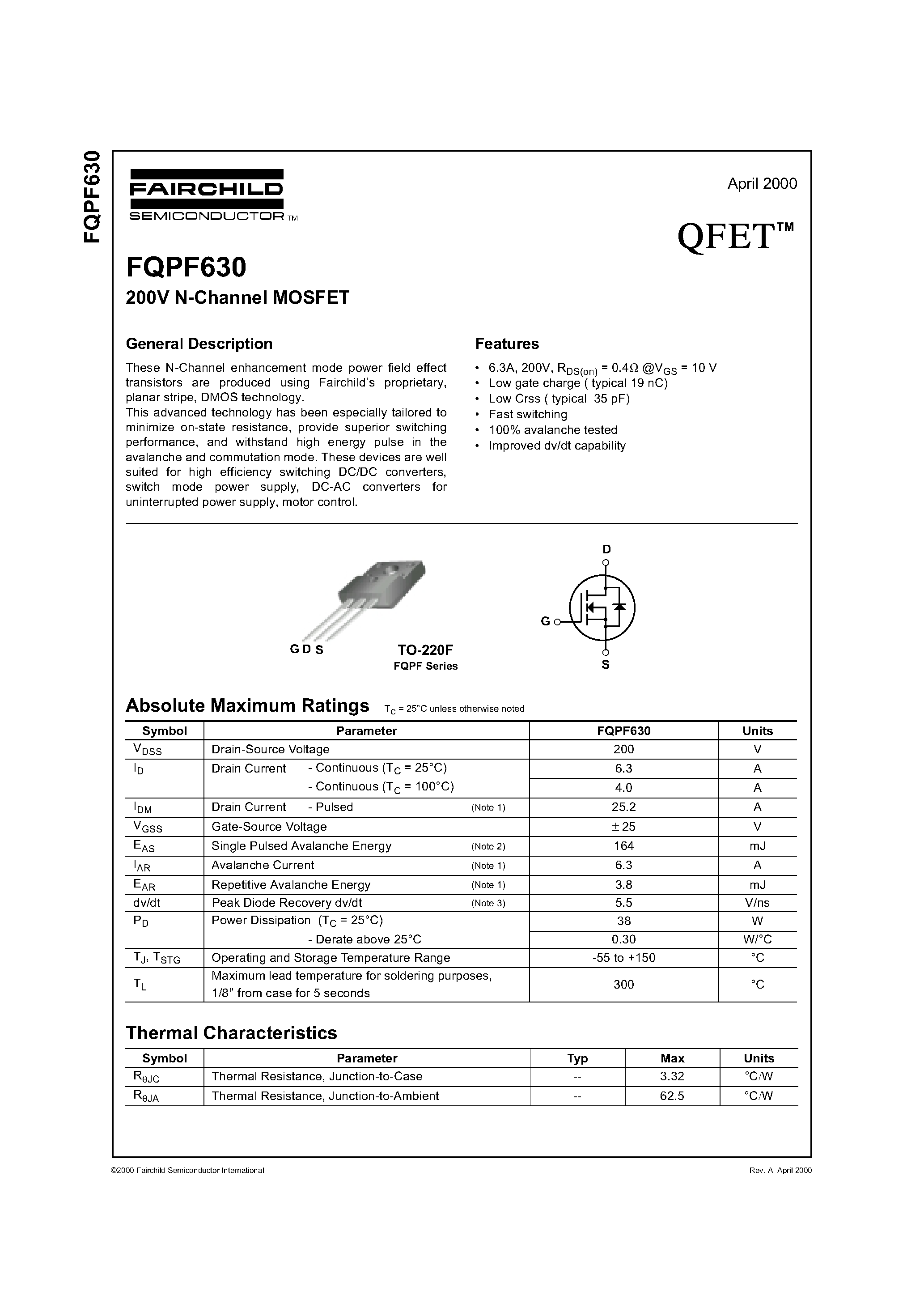 Даташит FQPF630 - 200V N-Channel MOSFET страница 1