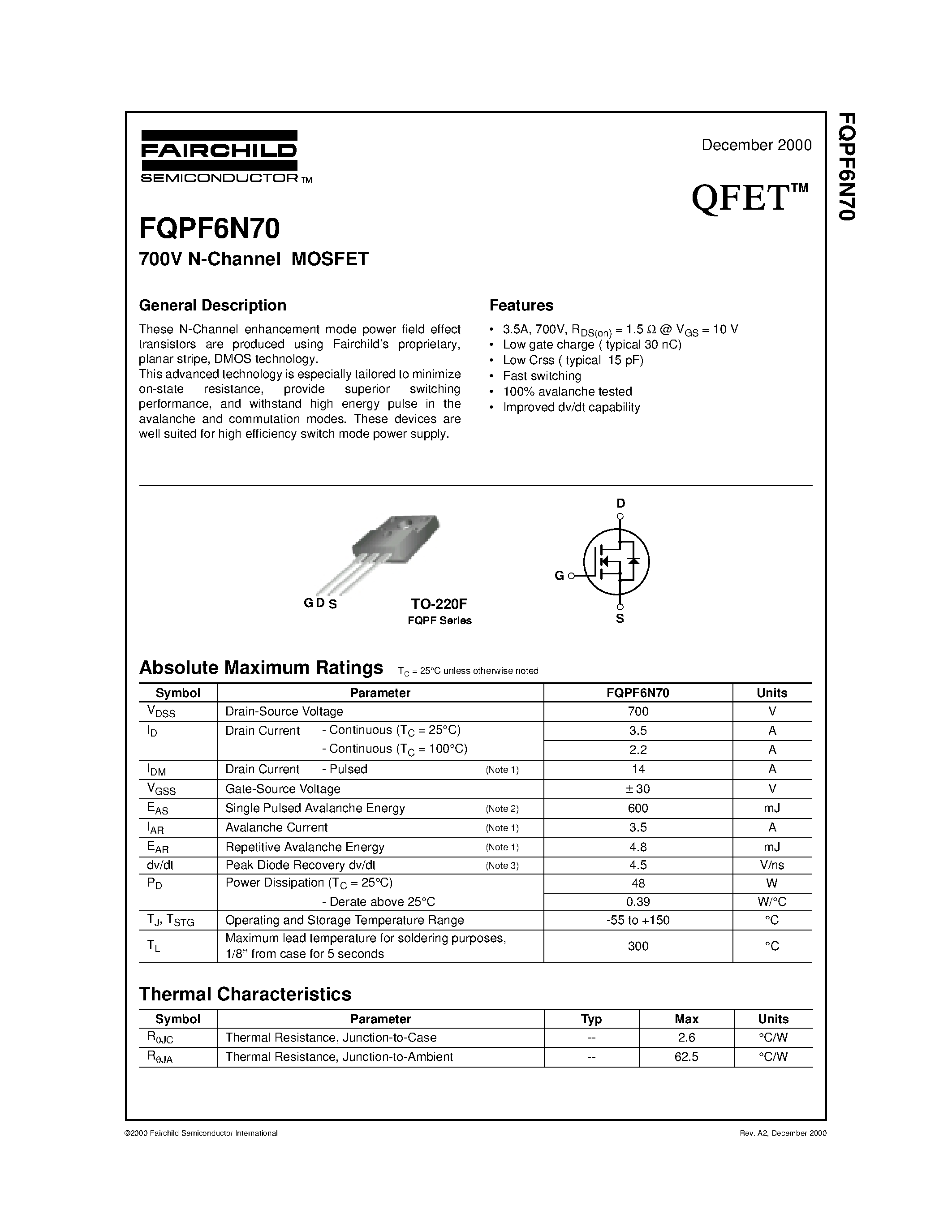Datasheet FQPF6N70 - 700V N-Channel MOSFET page 1