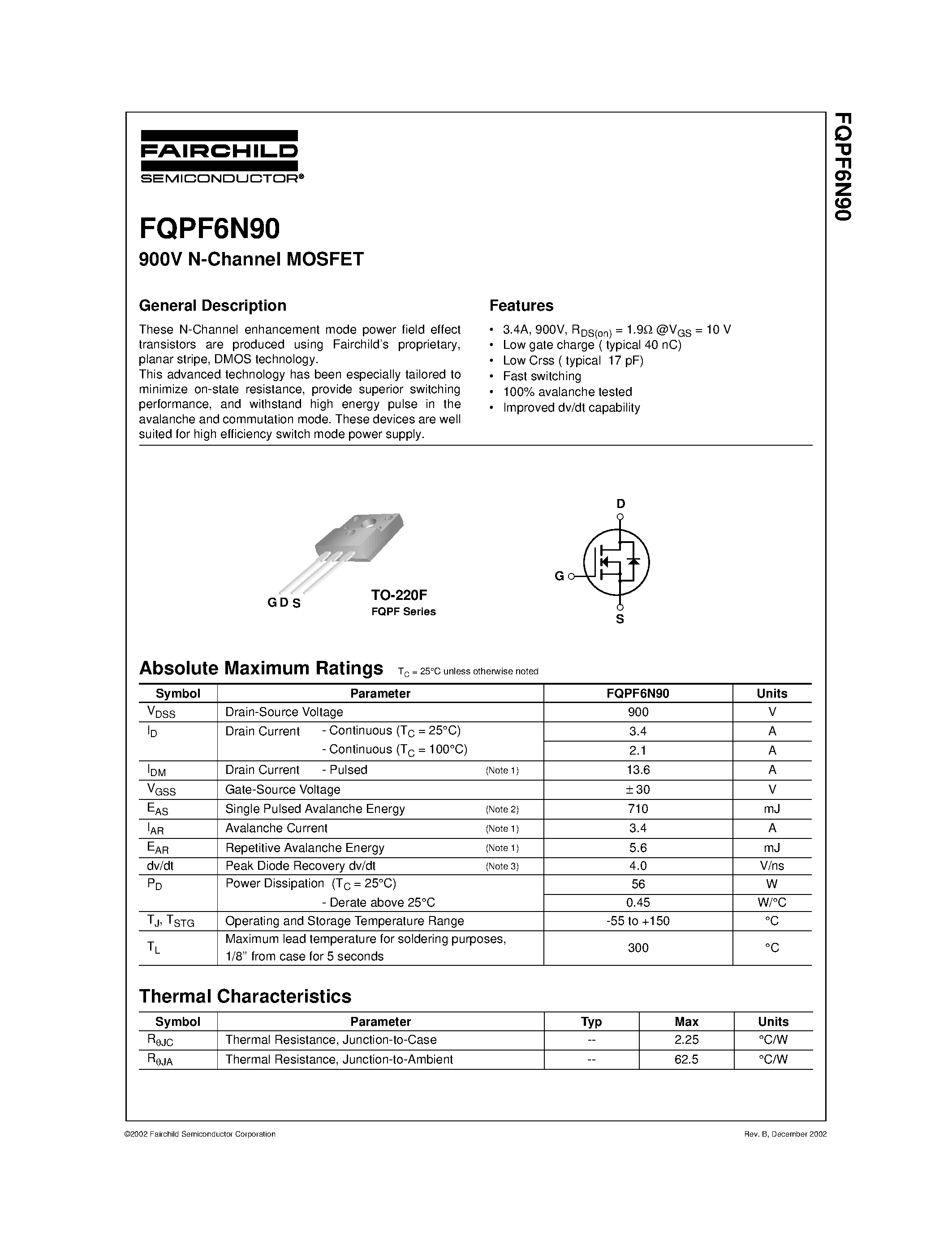 Datasheet FQPF6N90 - 900V N-Channel MOSFET page 1
