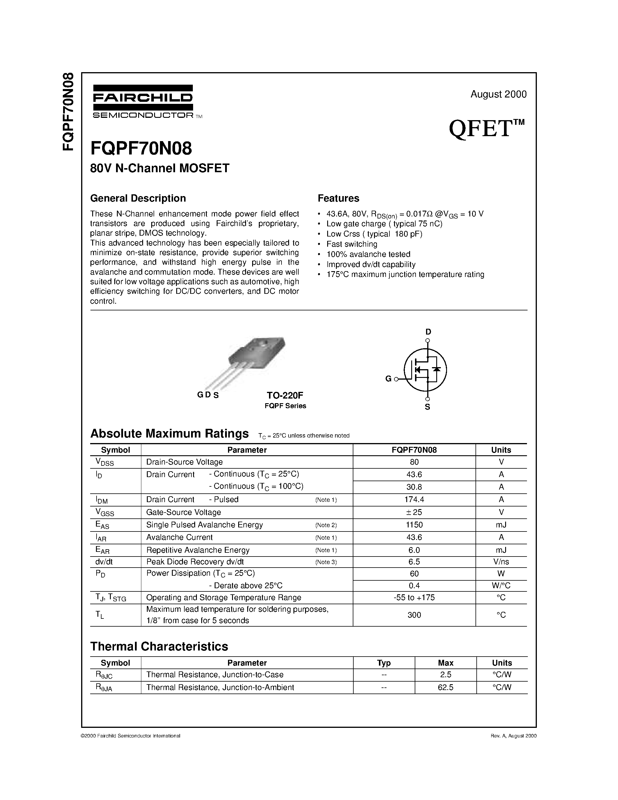 Datasheet FQPF70N08 - 80V N-Channel MOSFET page 1